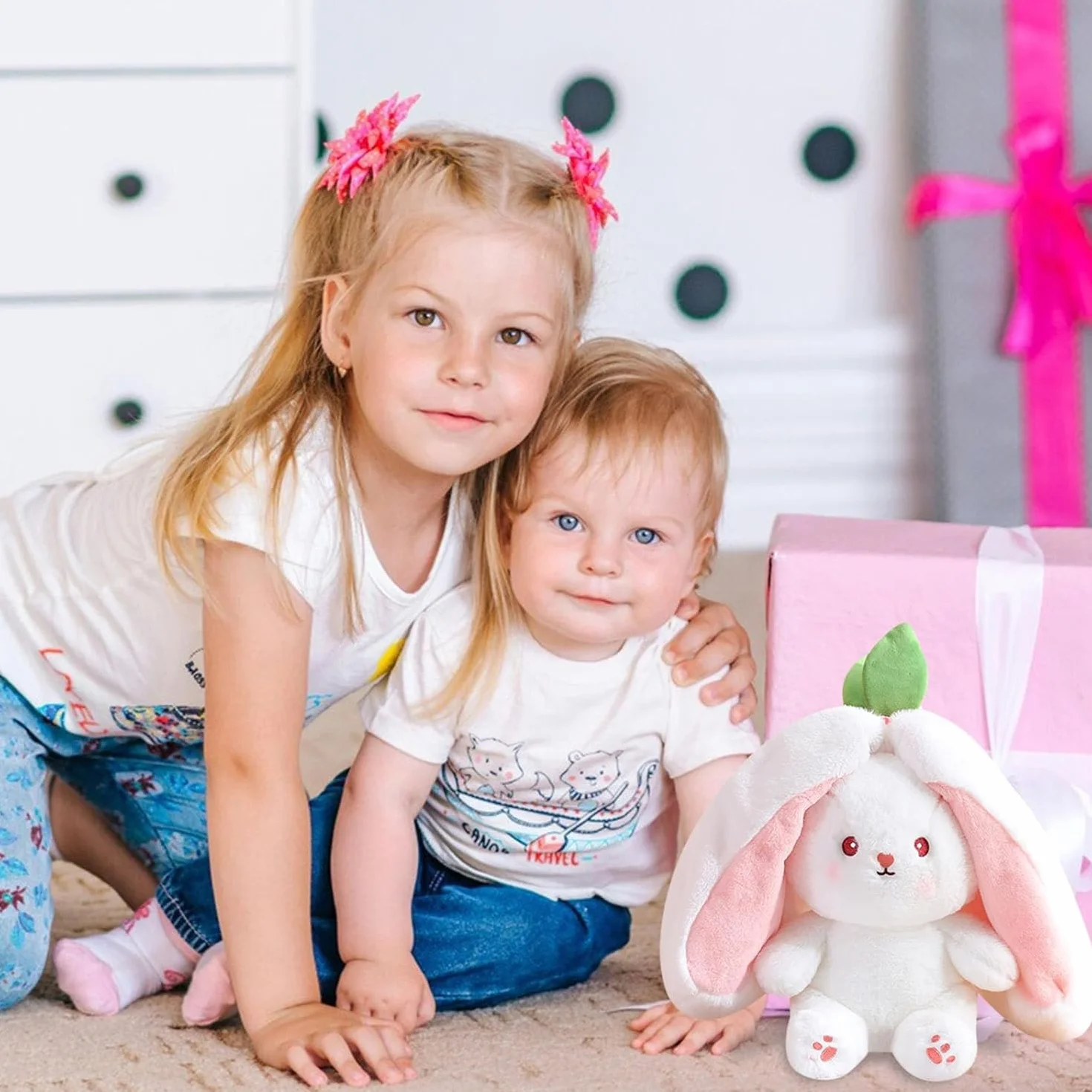 Lapin en peluche rose fraise 24 cm jouet Pâques pour enfants