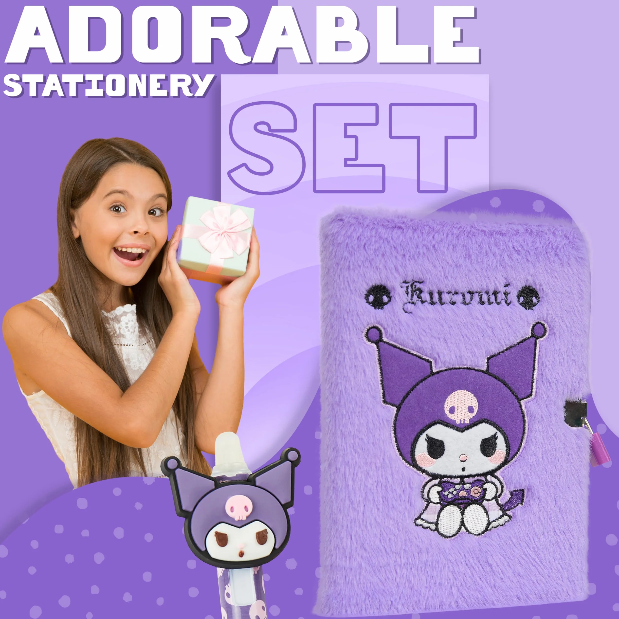Hello Kitty Carnet Secret avec Cadenas et Stylo Kuromi Journal Intime Cadenas Stylo Bille Peluche Papeterie Kawaii Fourniture Scolaire Violet