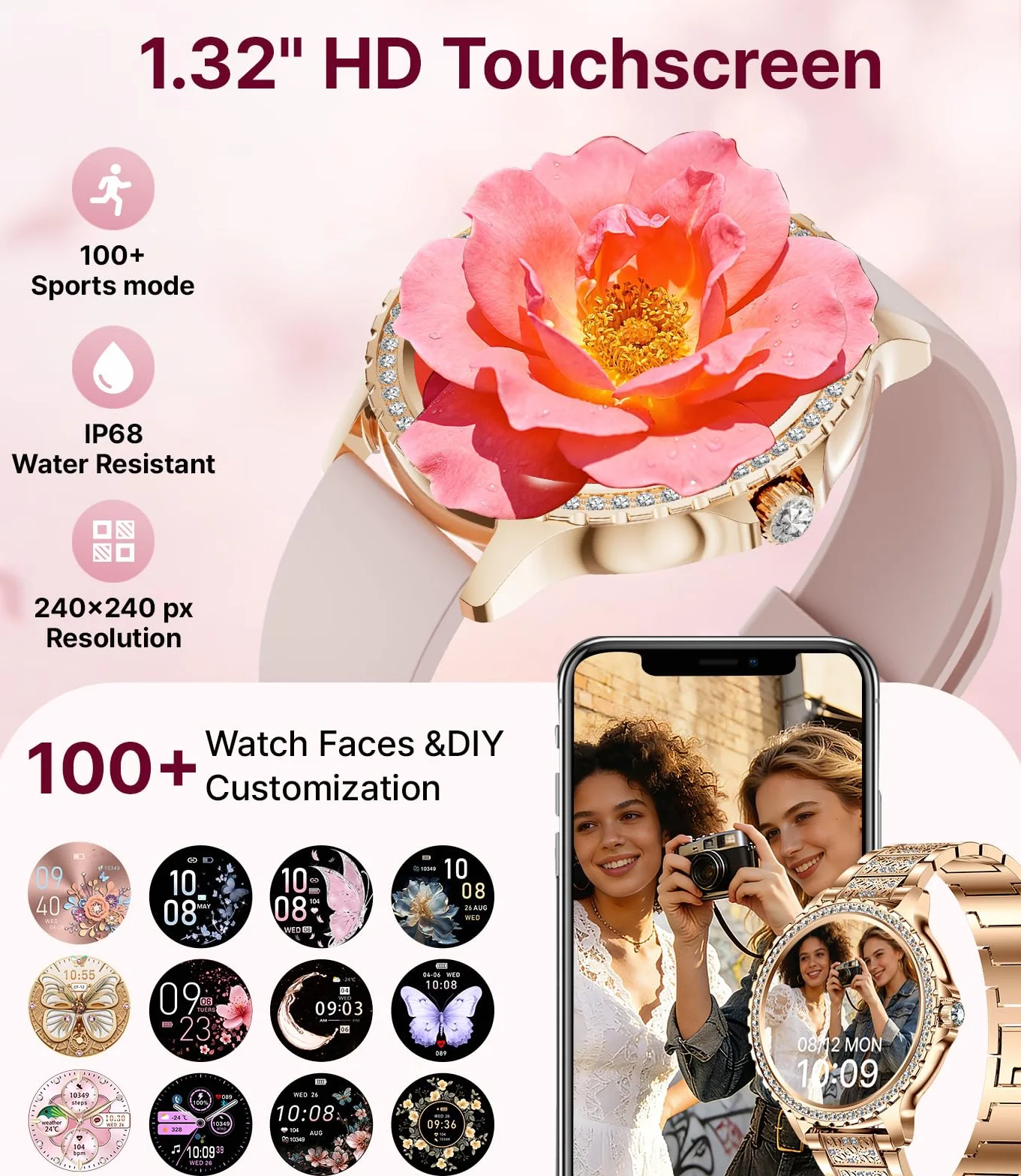 LIGE Montre Connectée Femme Bluetooth Appels Android iOS Sport Fitness Tracker 1,32" HD Fréquence Cardiaque Sommeil Smartwatch Rose Or