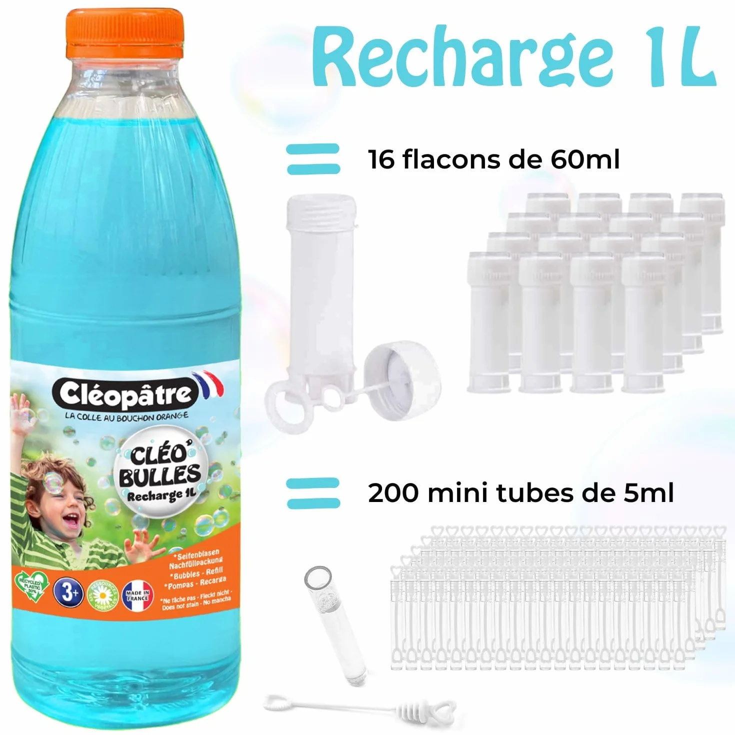 CLEOPATRE CLÉO’Bulles Recharge Solution Bulles de Savon Bleue 1 L Hypoallergénique Fabriqué en France