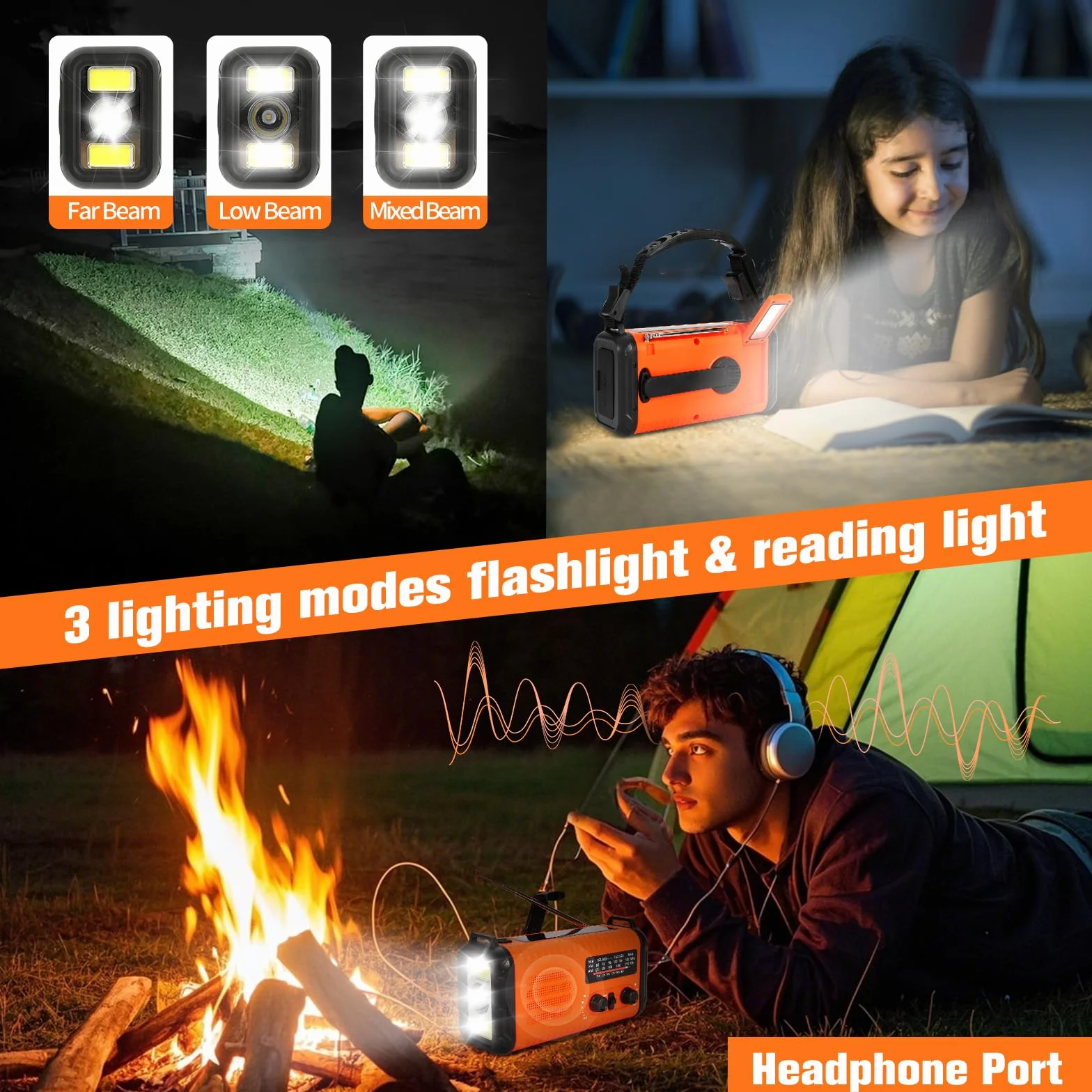 Radio de Secours à manivelle 20000 mAh NOAA AM FM Solaire Portable avec Lampe Torche SOS Orange