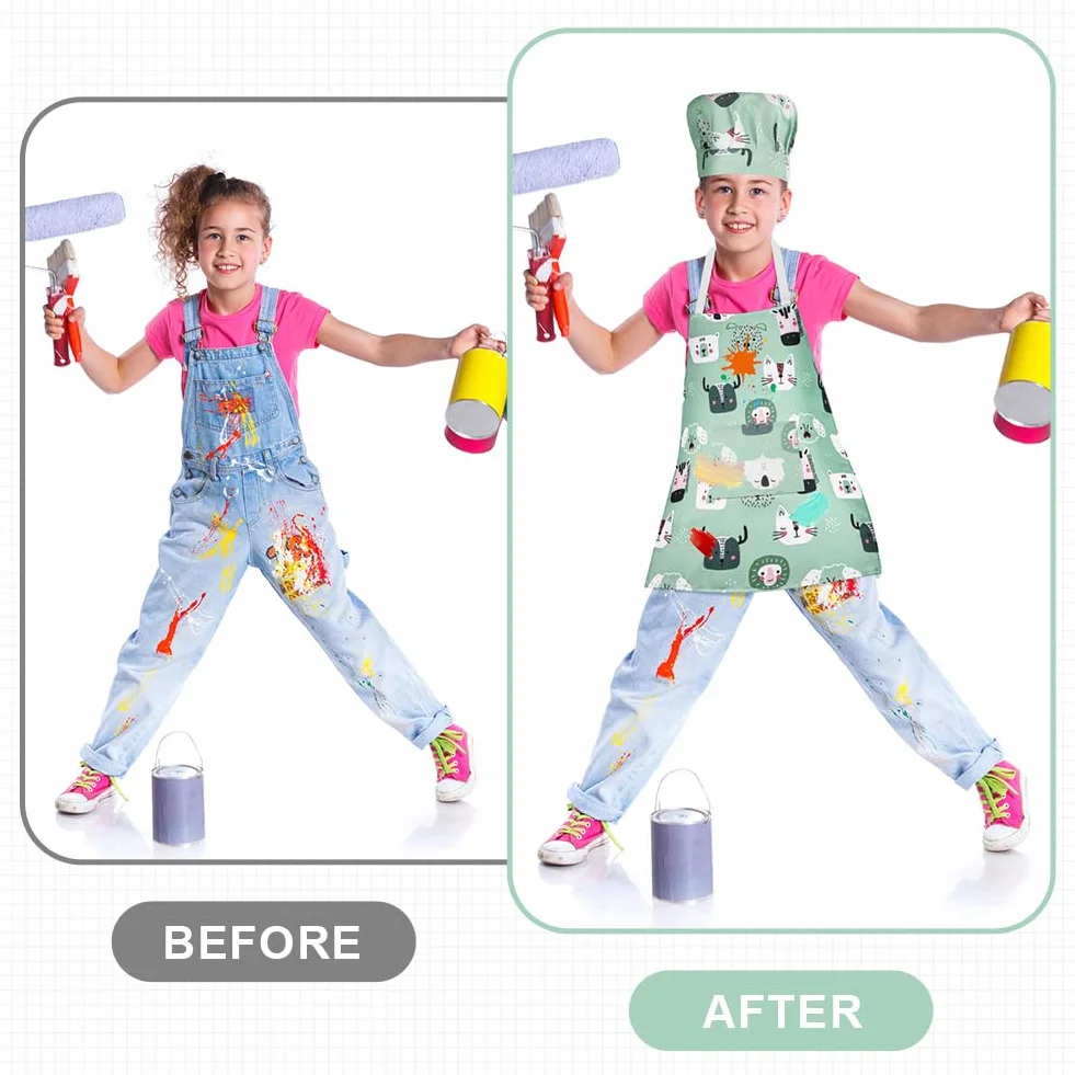 Tablier de Cuisine Enfant avec Toque Réglable Poches Filles Garçons Cuisson Peinture Artisanat