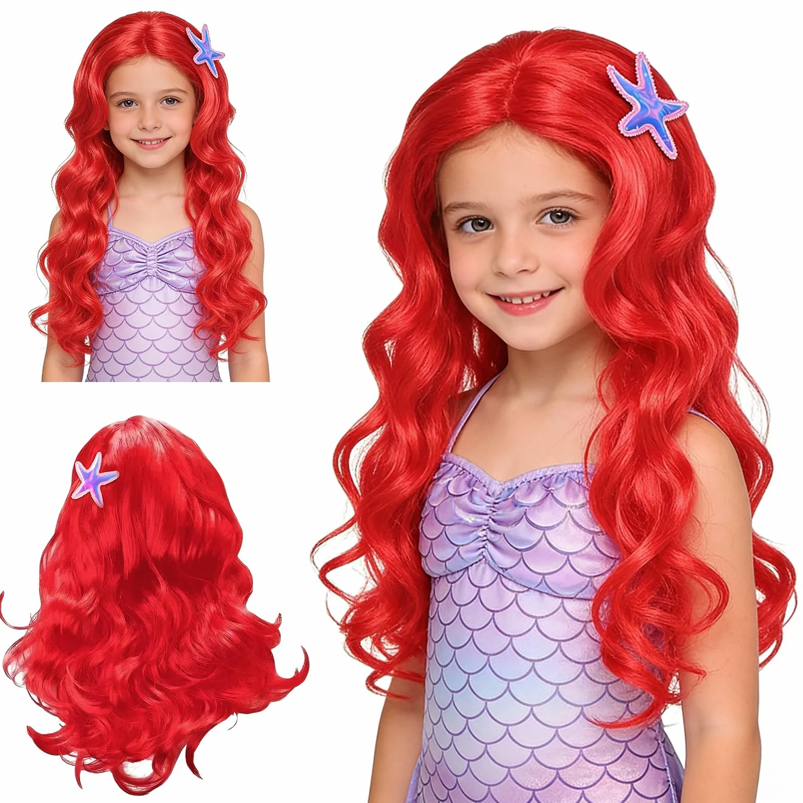 Perruque Sirène Longue Rouge Bouclée pour Fille Costume Halloween Carnaval