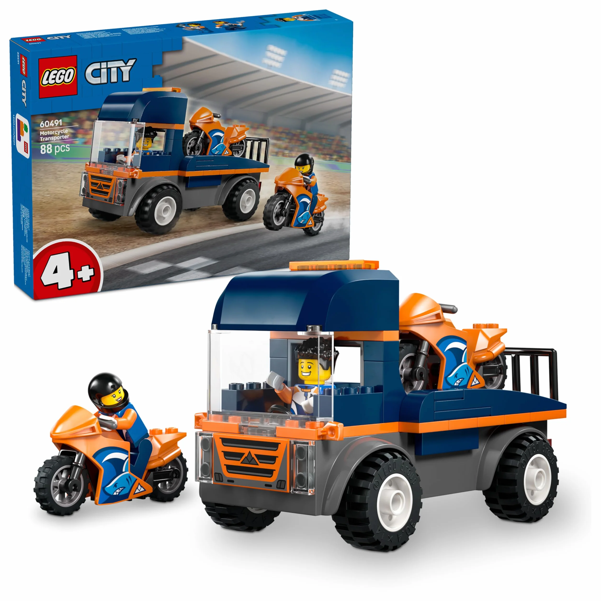 LEGO City Motorcycle Transporter 60491 Flatbed Truck with 2 Motorbikes 2 Minifigures Ramp Accessories Toy for 4+ Year Old Boys