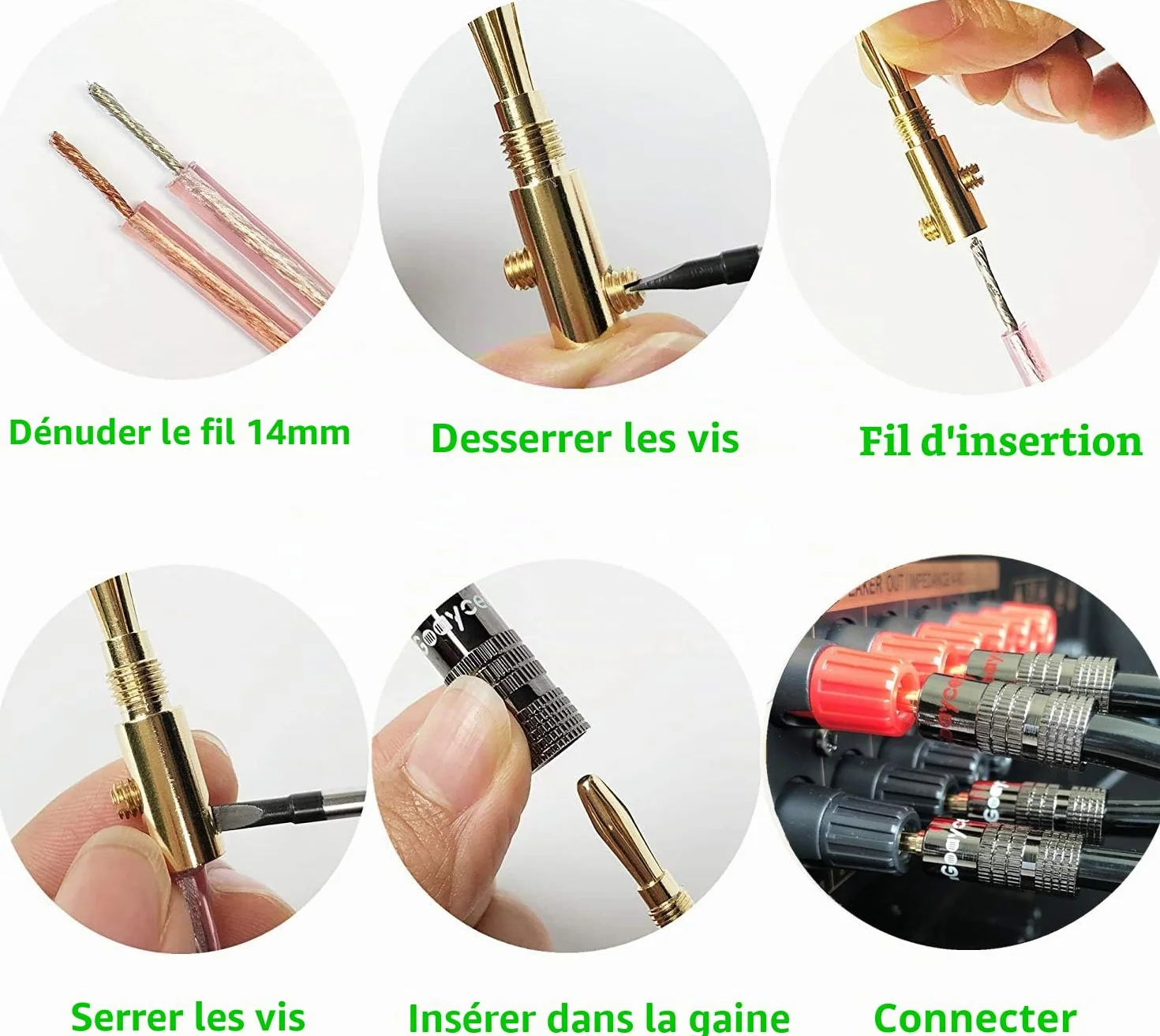 Fiches bananes plaquées or 24 carats 4 mm 6 paires 12 pièces