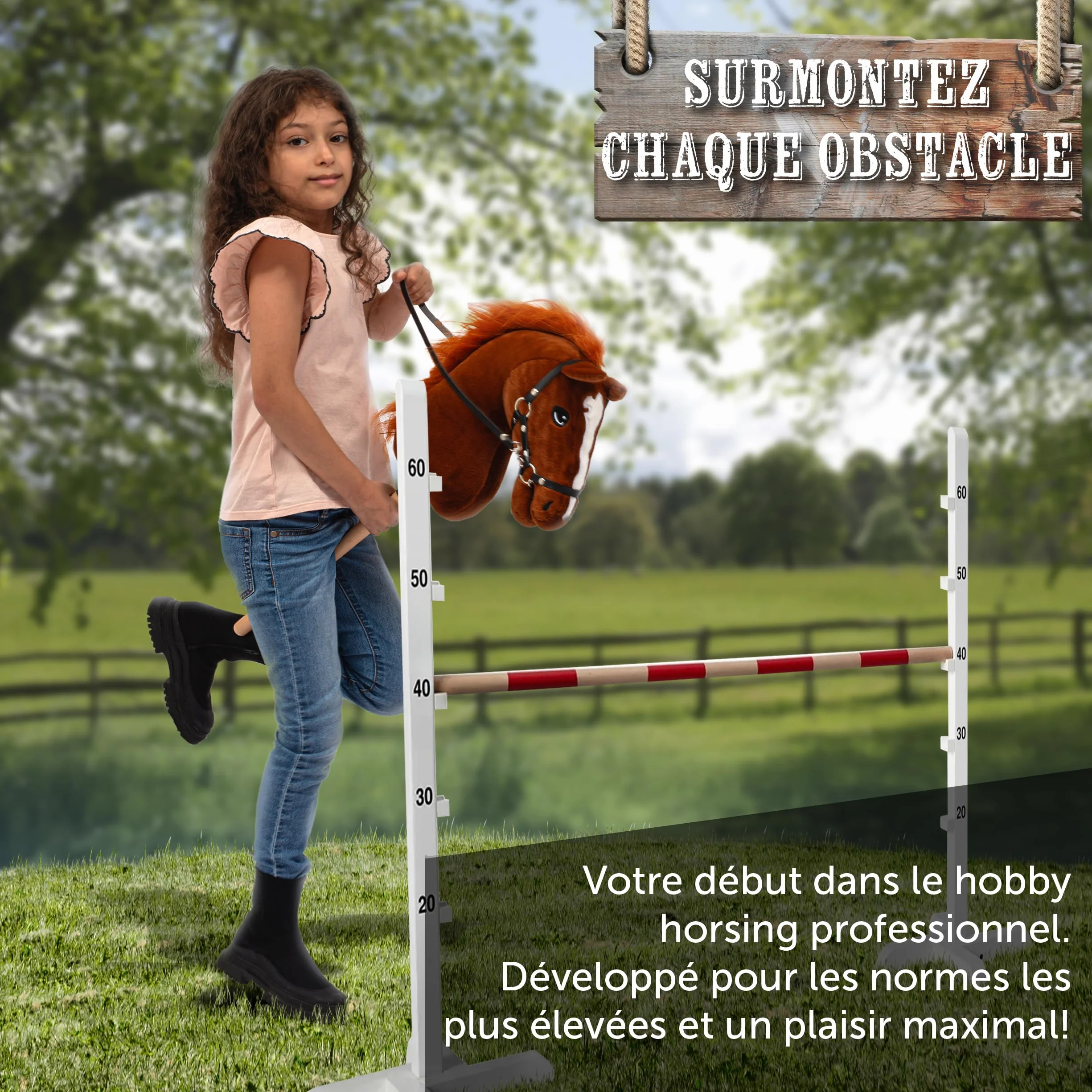 Pink Papaya Hobby Horse Cheval à Bâton avec Licol et Bride pour Enfants