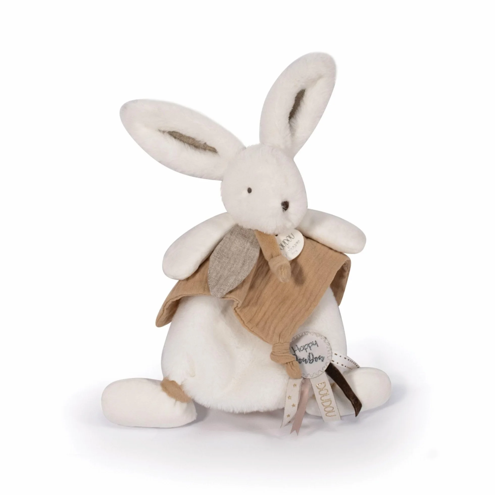 Doudou et Compagnie Doudou Plat Lapin Blanc et Beige Happy Wild 25 Cm Boite Cadeau DC3740