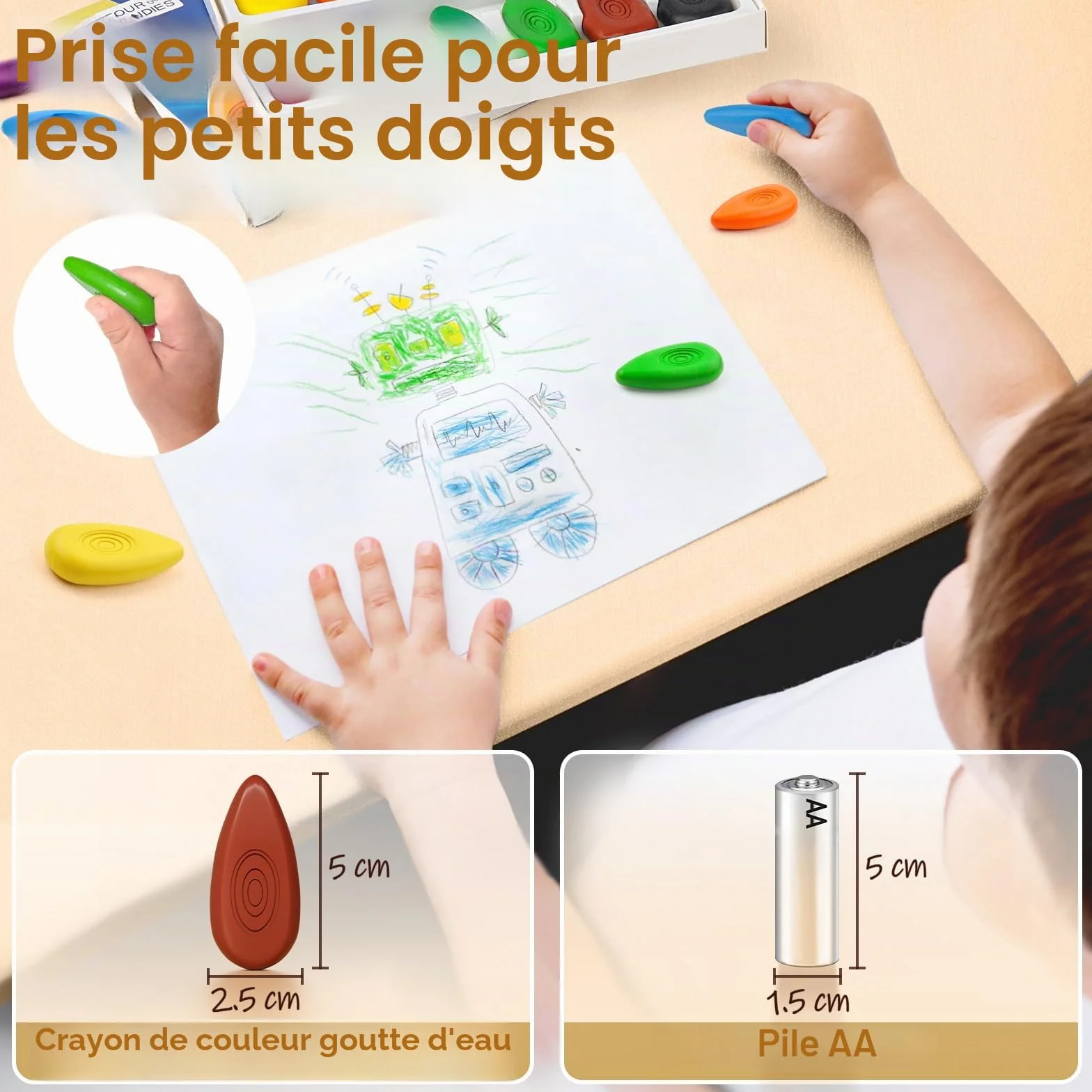 Four Candies Lot de 12 crayons à doigts non toxiques lavables forme goutte d'eau facile à saisir