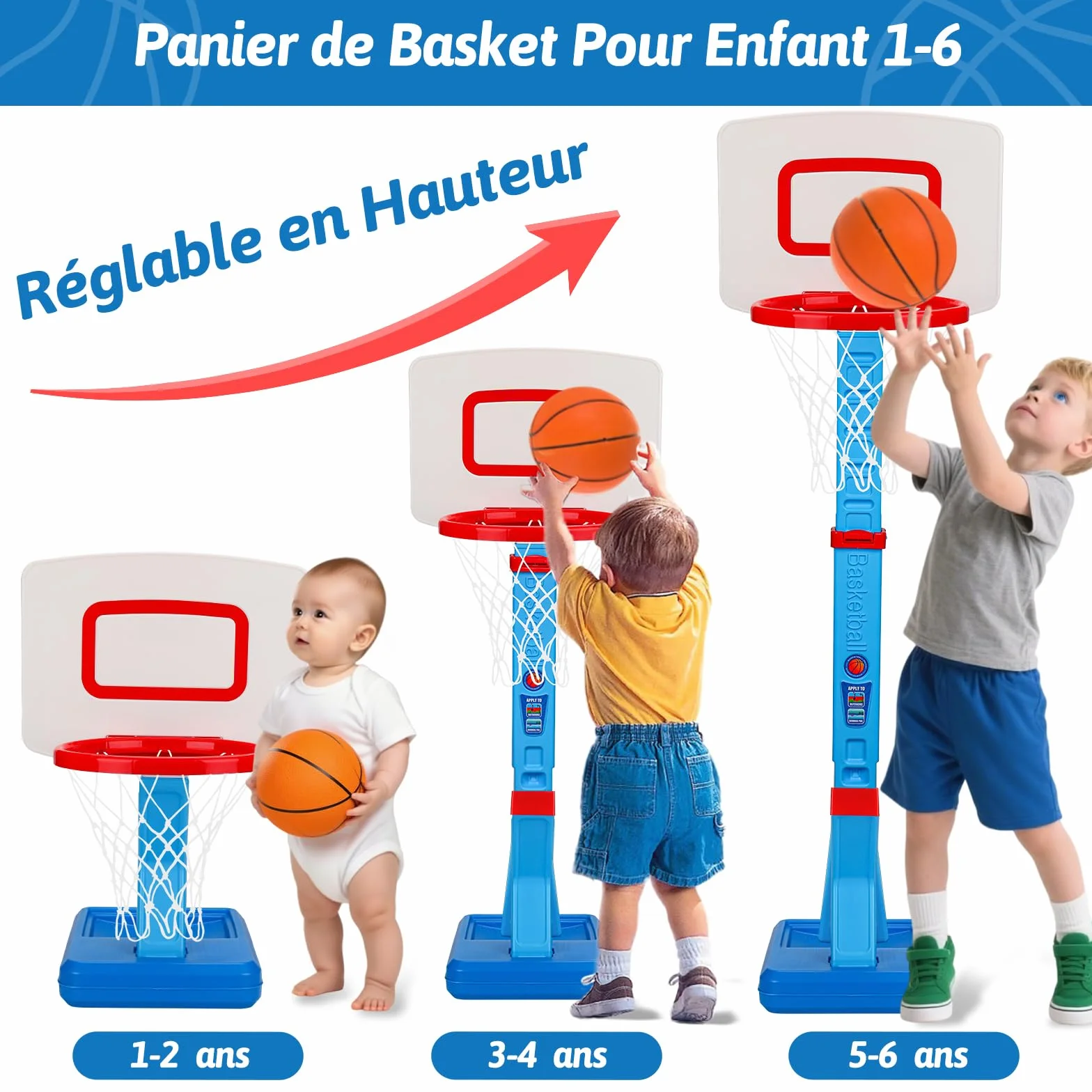Panier de Basket Enfant Hauteur Réglable 70-138cm avec Ballon et Pompe, Jeu Extérieur Bleu