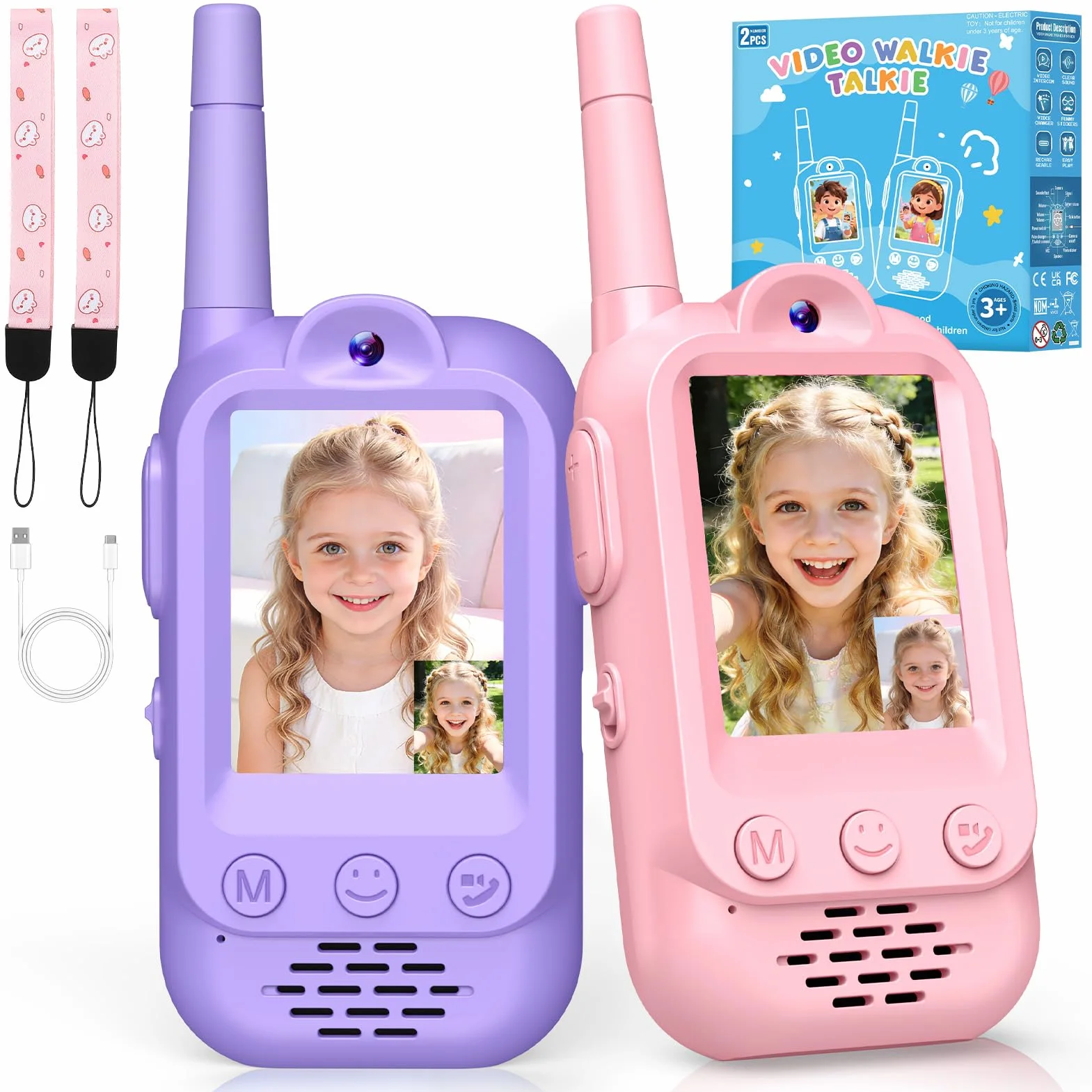 iKidiki Talkie Walkie Enfants Rechargeable, Cadeau Fille 3-8 Ans Video Jouet