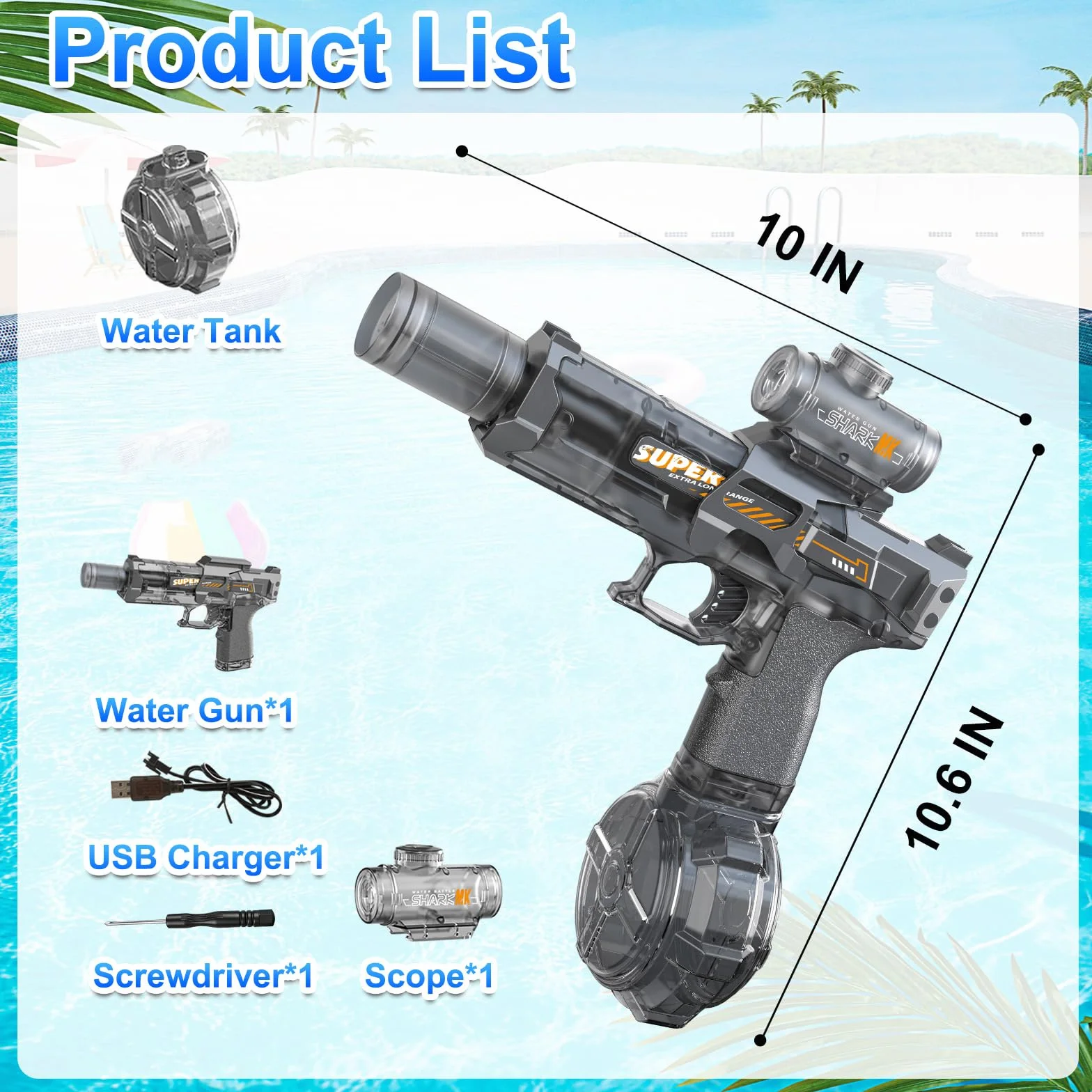 Pistolet à Eau Électrique pour Enfants, Longue Portée, avec Lampe LED, Jouet de Piscine, Cadeau (Noir)