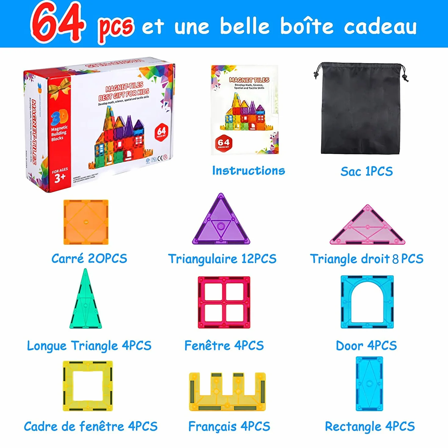 Katiago Blocs Construction Magnétiques 64 pièces Jeux Éducatifs 3D Jouets de Construction Puzzle Enfant