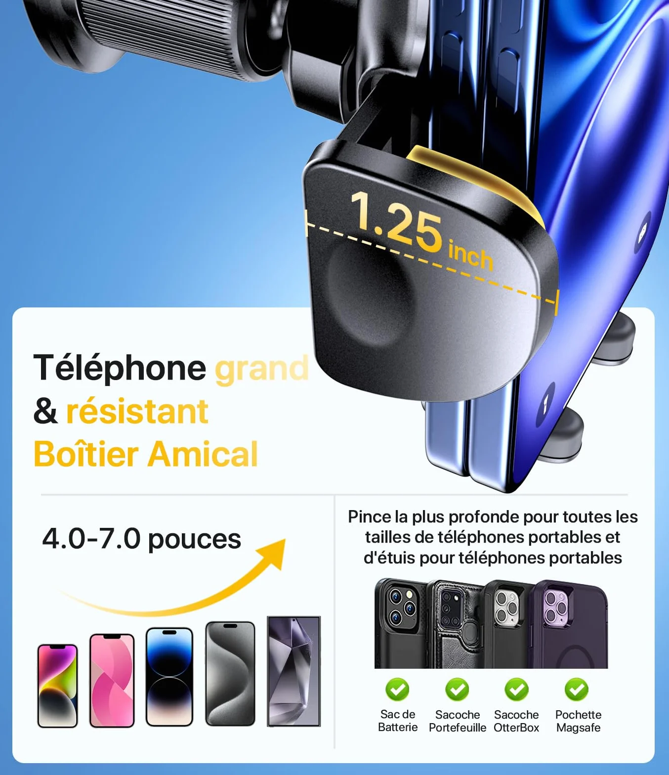 Miracase Support Téléphone Voiture Crochet Métallique Fort Bouche D'aération Rotation 360° Opération à Une Main 4.0''-7.0''