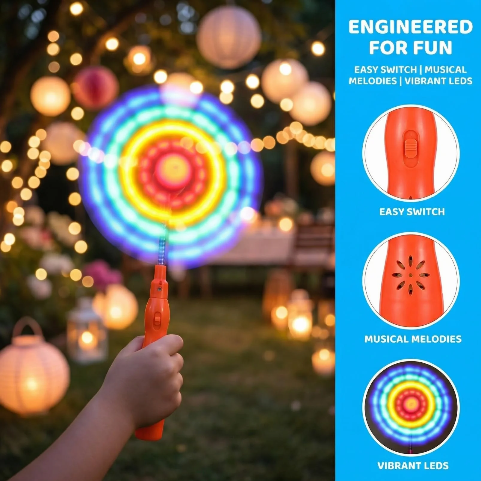 SHINEOFI 3pcs Moulins à Vent Lumineux pour Enfants avec Lumières LED et Musique - Moulins à Vent Colorés Qui Tournent, Articles de Fête