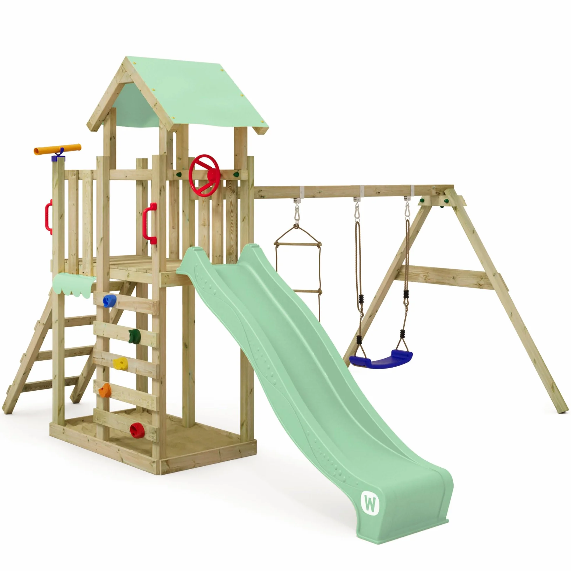 Wickey MultiFlyer Light Portique en Bois avec Balançoire et Toboggan pour Enfants Vert Pastel
