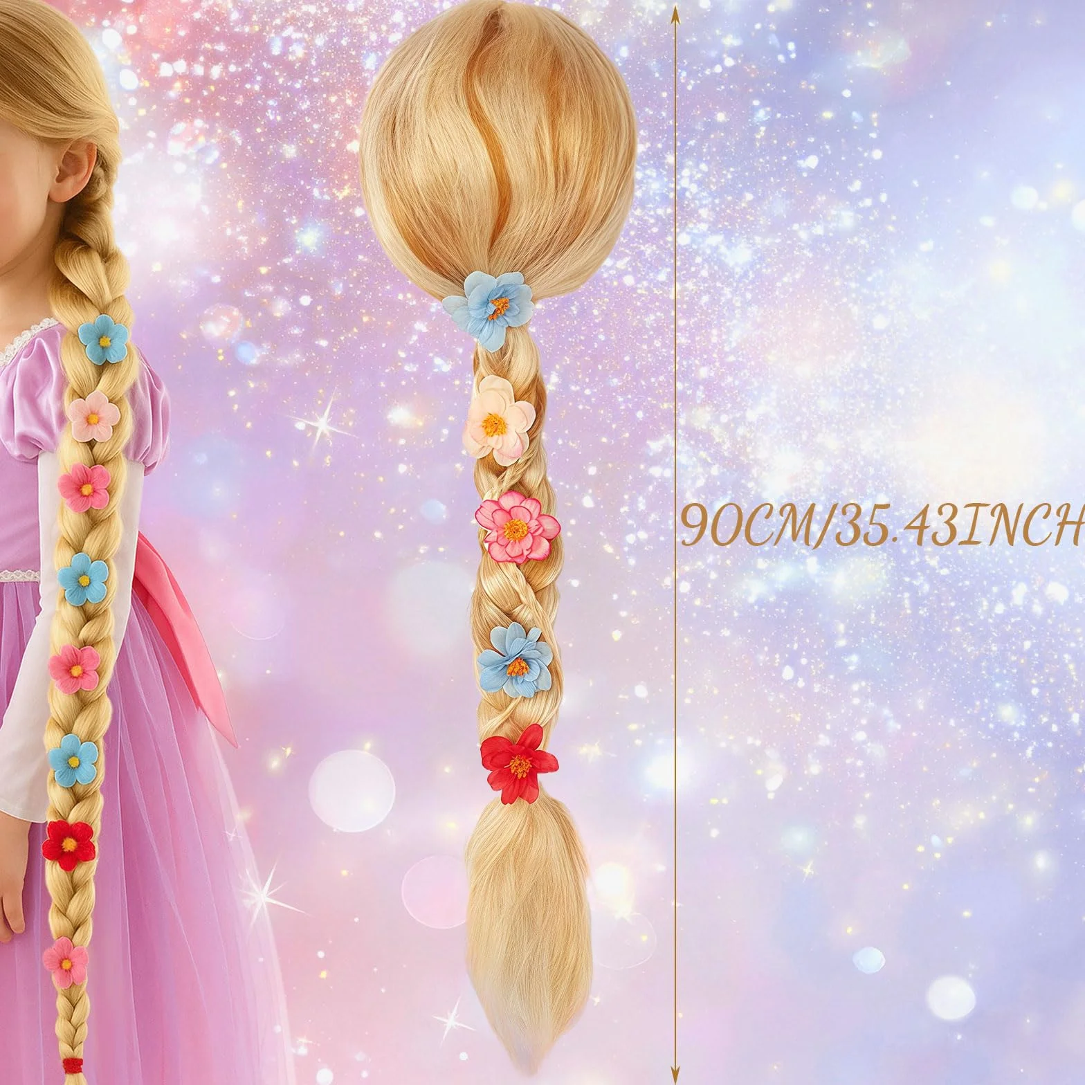 Perruque Princesse Fille, Perruque Rapunzel Blonde Tresse, Décoration Fleur Tie-Dye Costume Halloween