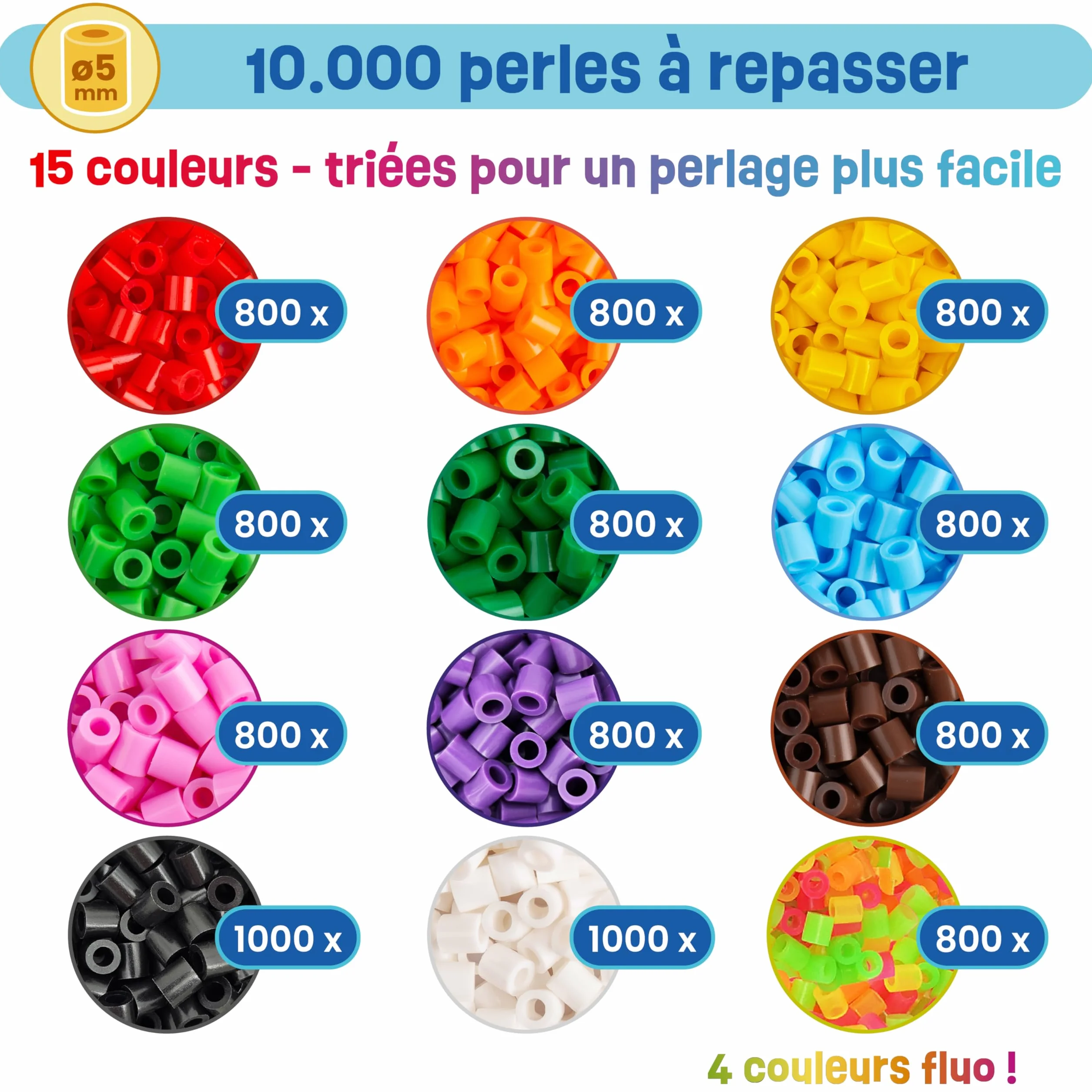 Smowo® Lot de 10 000 perles à repasser 5mm 15 couleurs XXL avec plaques et accessoires