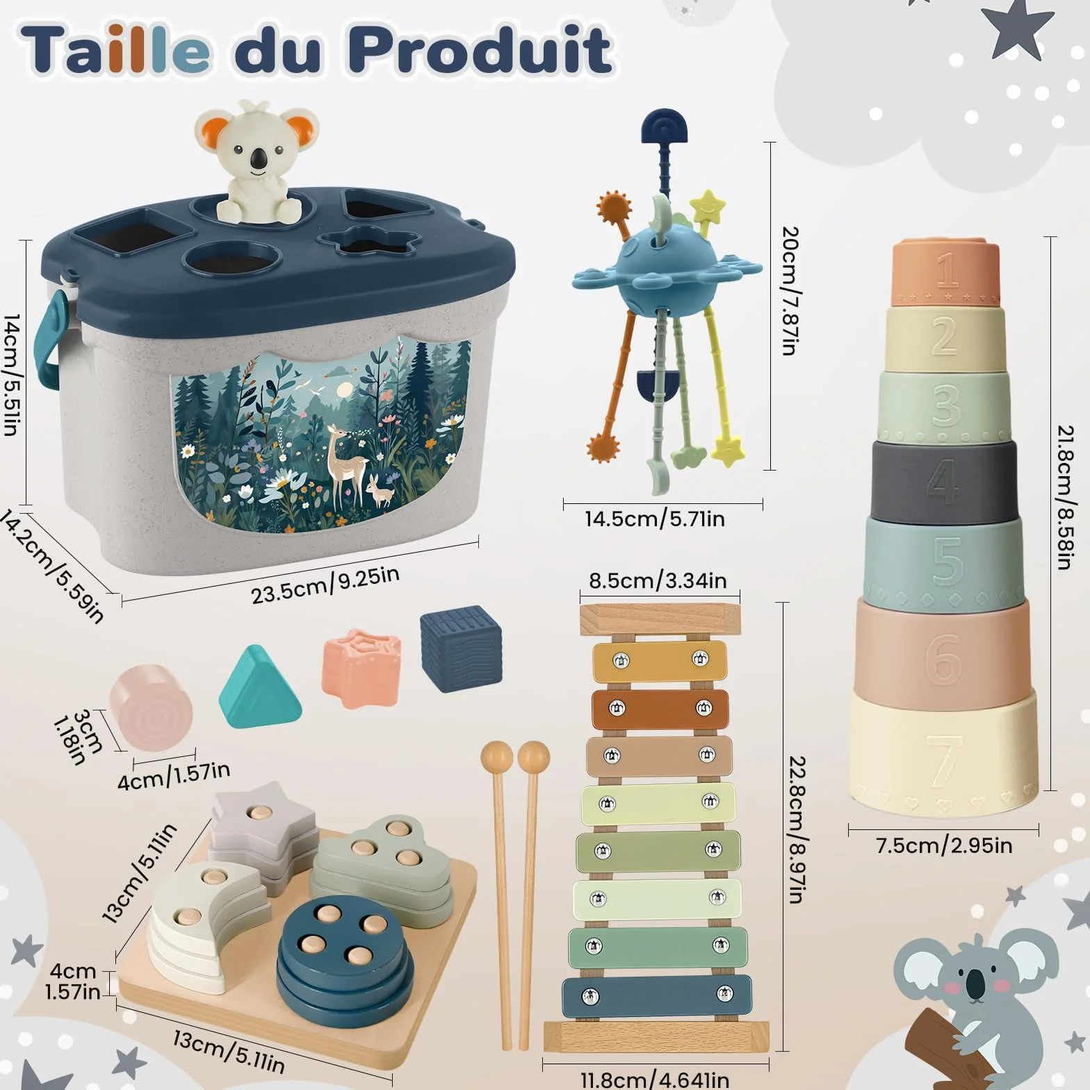 Jouet Montessori 5 en 1 Bebe 6 Mois et Plus, Jeux Sensoriel avec Tri de Formes, Xylophone, Gobelets Empilables