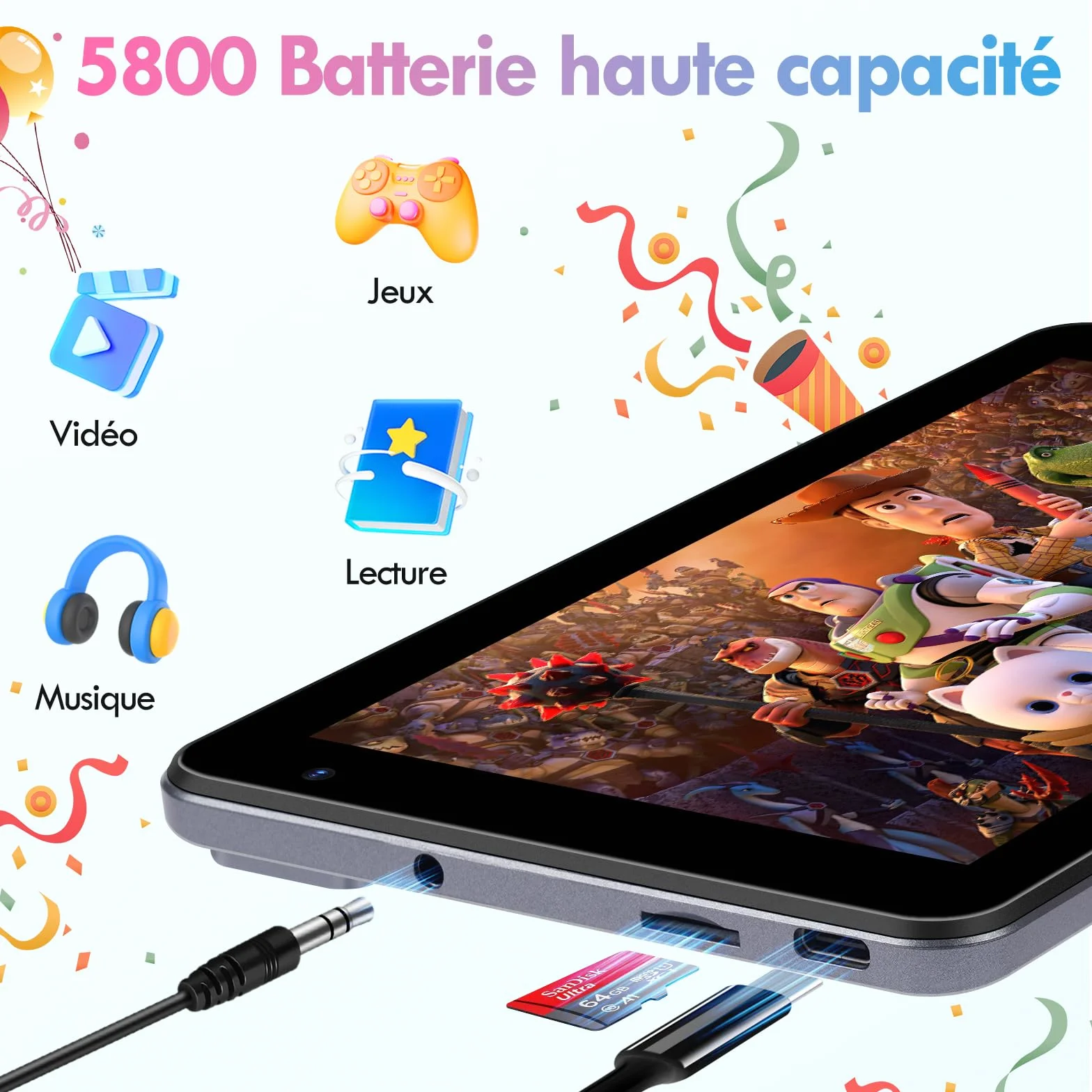 Tablette Enfants 7 pouces, Tablette Android 13, Octa-Core, 8Go+64Go (TF 256GB), Batterie 5800mAh, Caméras 5MP+8MP, Affichage HD, Contrôle parental, Housse protectrice en silicone pour enfants(Rose)