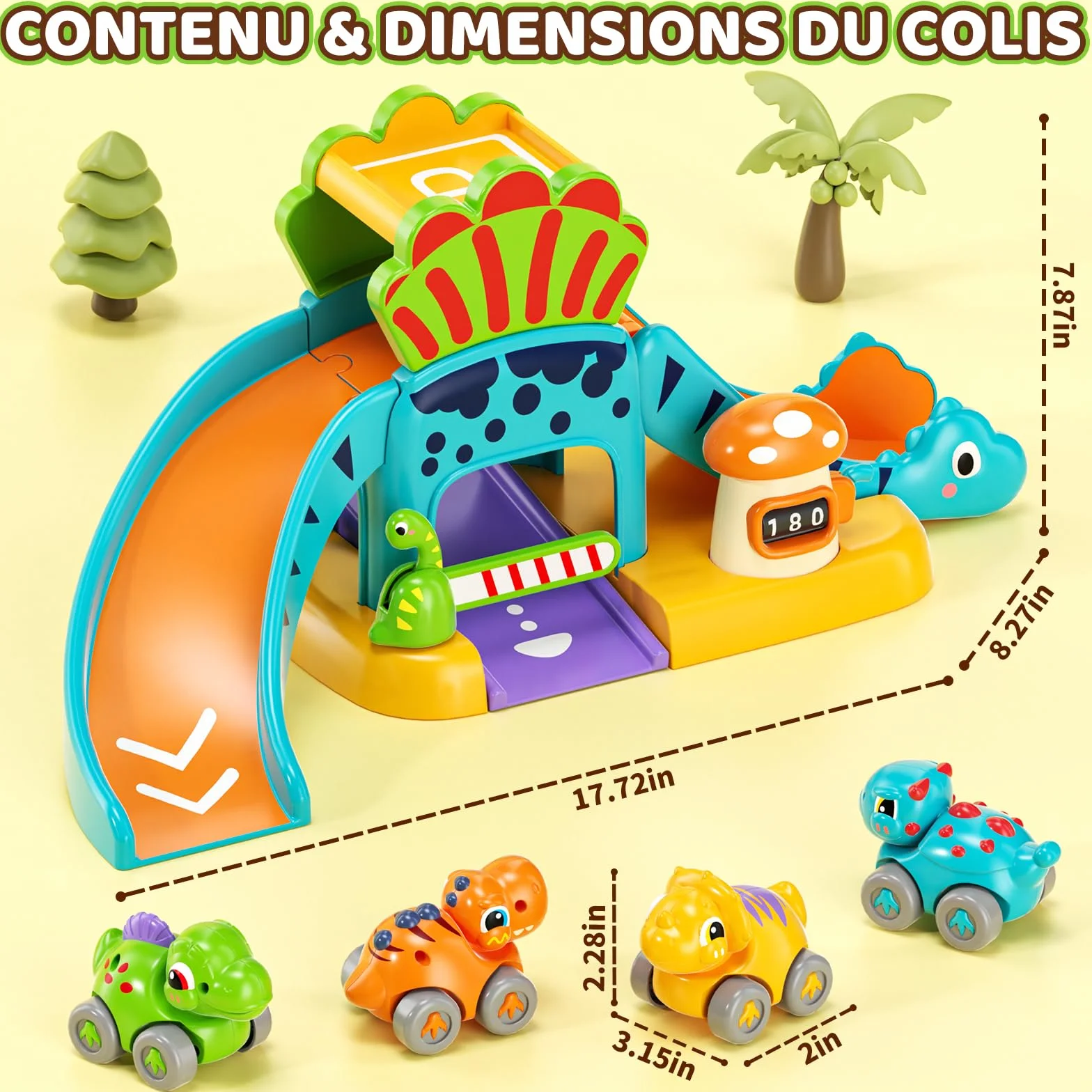 Jeu de Voitures Dinosaures avec Circuit à Toboggan Jouet Éducatif 1-3 Ans Cadeau Enfant 12+ Mois Garçons
