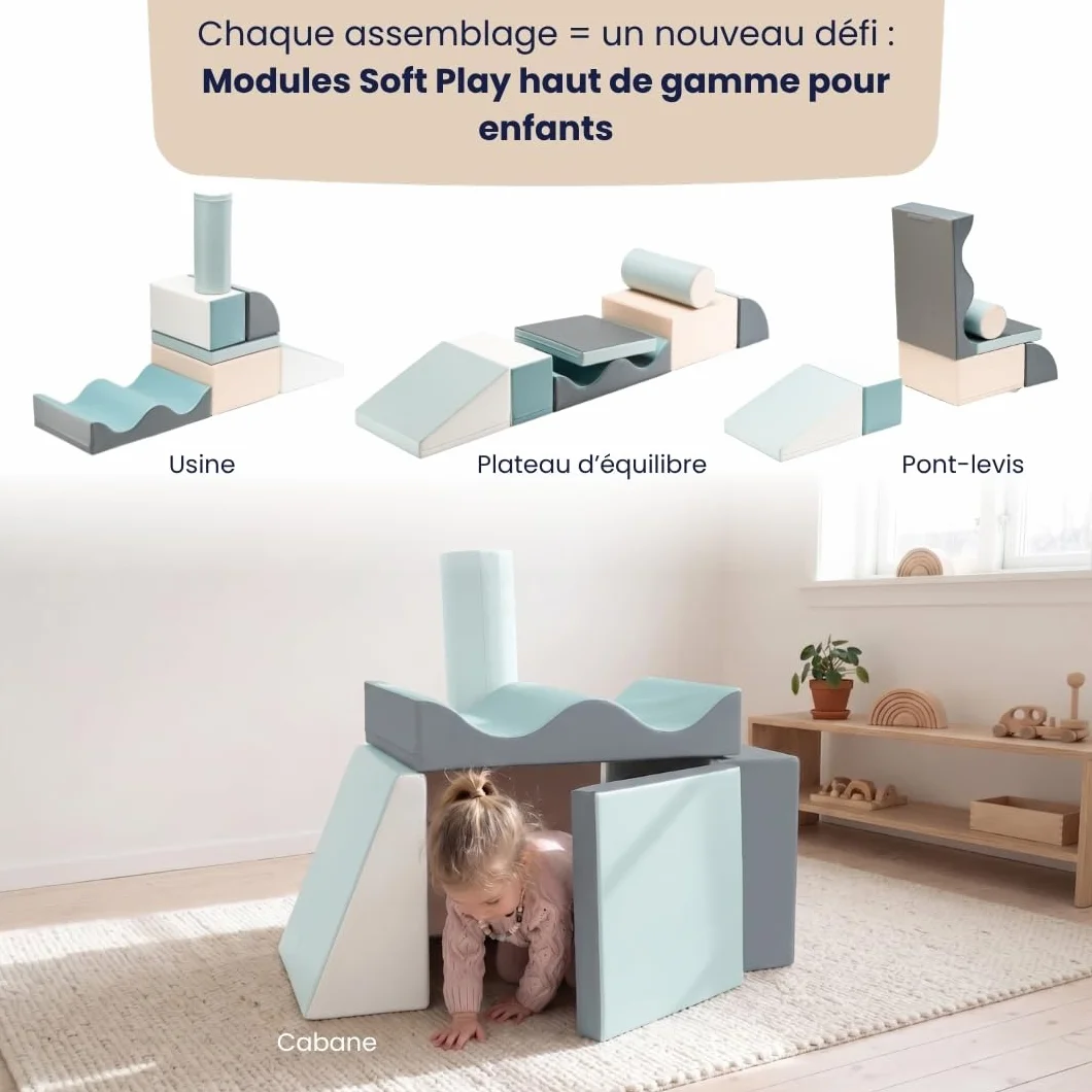 IGLU Soft Play Discoverer 7 XL Blocs Jeu d’Éveil Montessori Toboggan d’Intérieur Parcours de Motricité en Mousse Jouets éducatifs (Pastel)
