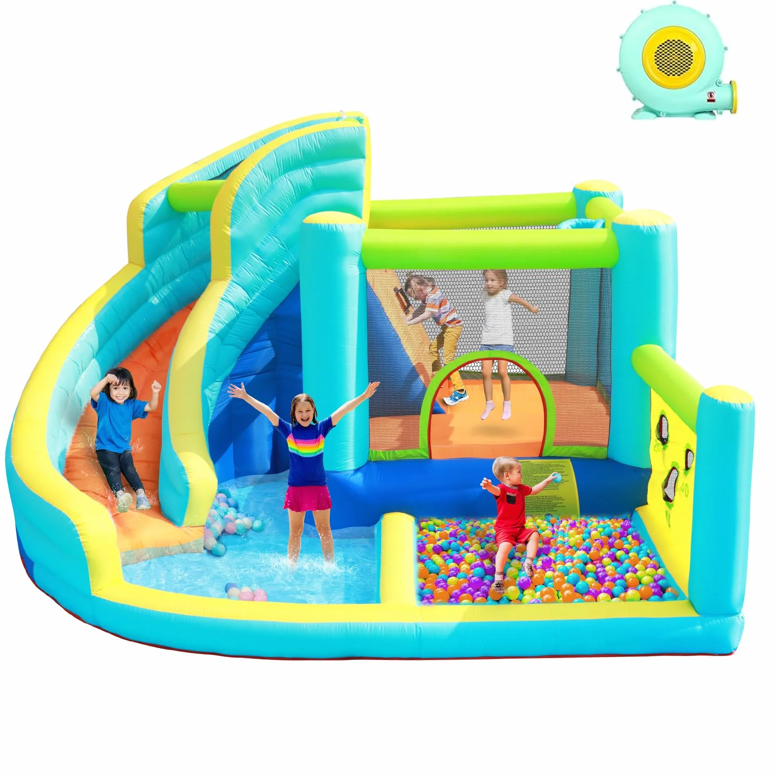 Château Gonflable Parc Aquatique pour Enfants avec Toboggan Trampoline Pataugeoire Mur d'escalade Panier de Basket Grand Jardin Extérieur 4 Enfants