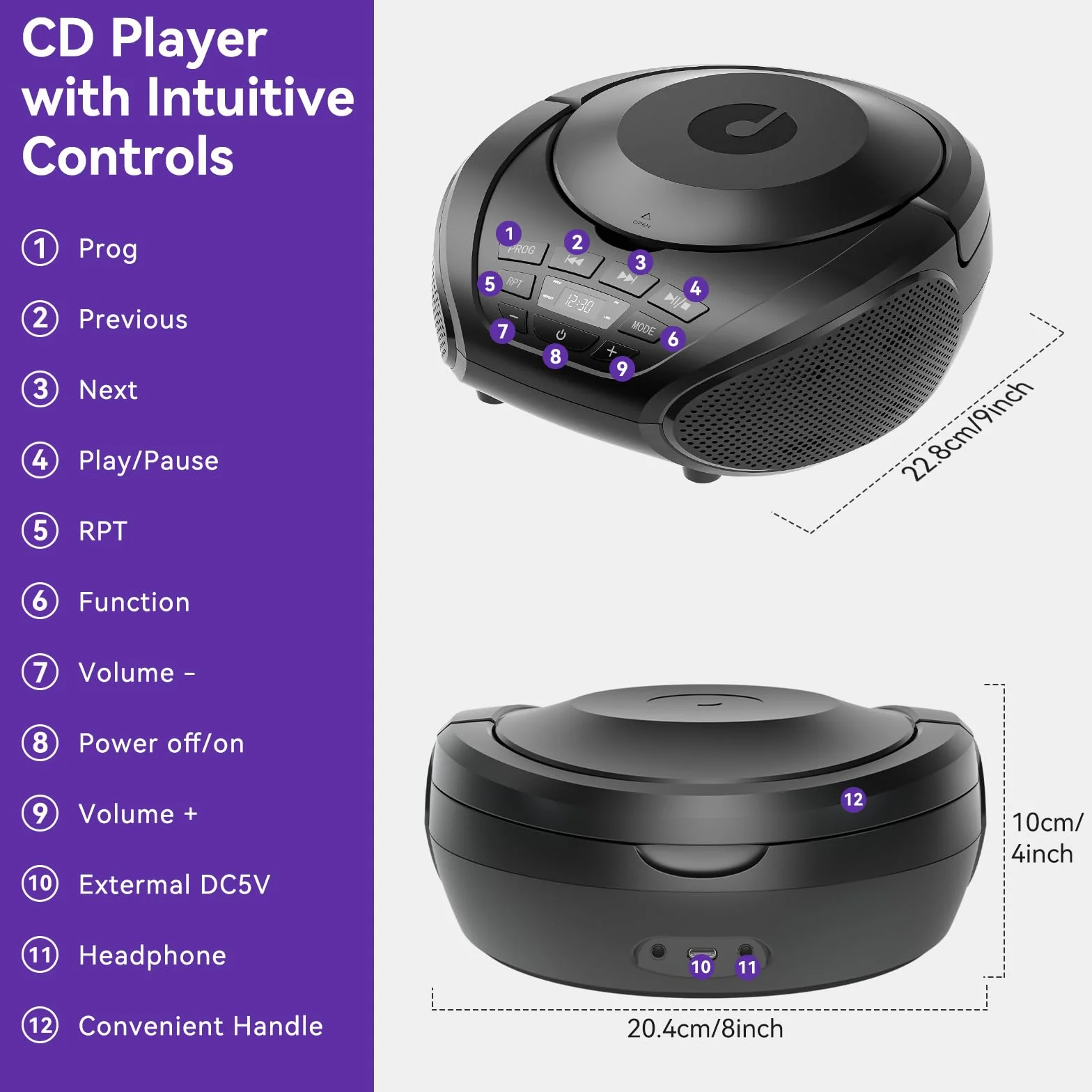 Gueray Lecteur CD Portable Boombox Radio FM Haut-parleurs Entrée AUX Prise Casque Lecture Prog