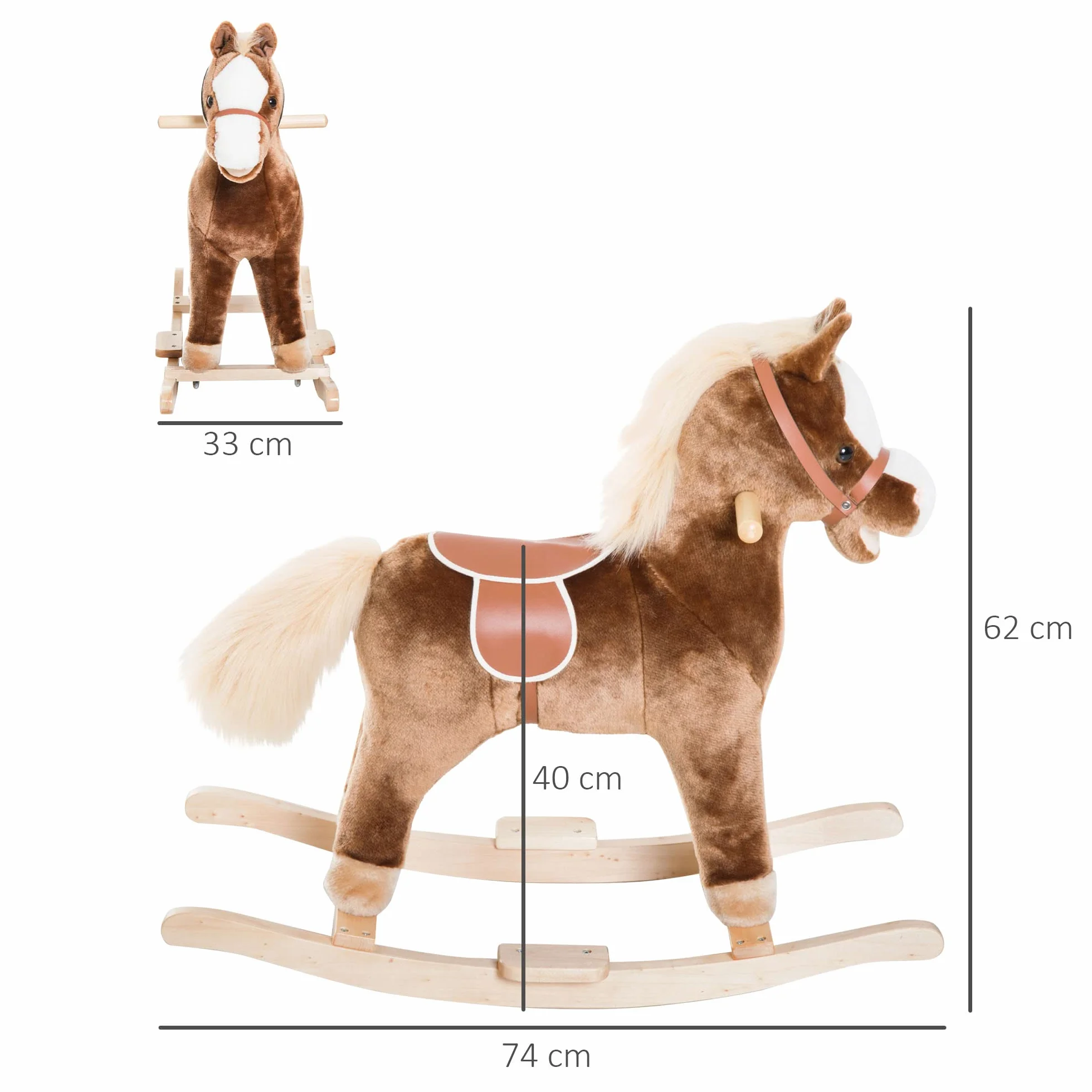HOMCOM Cheval à Bascule Cowboy Selle Grand Confort Enfants 36+ Mois Peluche Douce Bois Peuplier 40 kg Brun Blanc