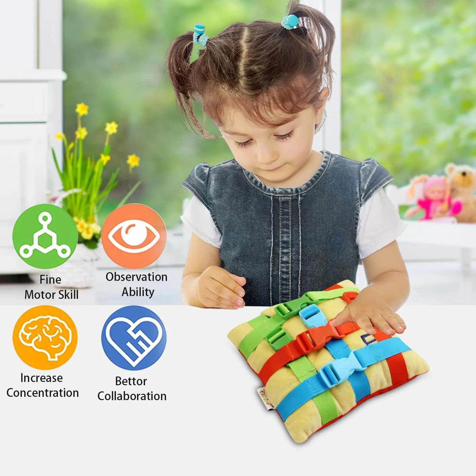 Jouet d’Oreiller à Boucle sensorielle d’Apprentissage précoce - Coussin éducatif en Peluche pour le développement de la motricité fine des Tout-Petits