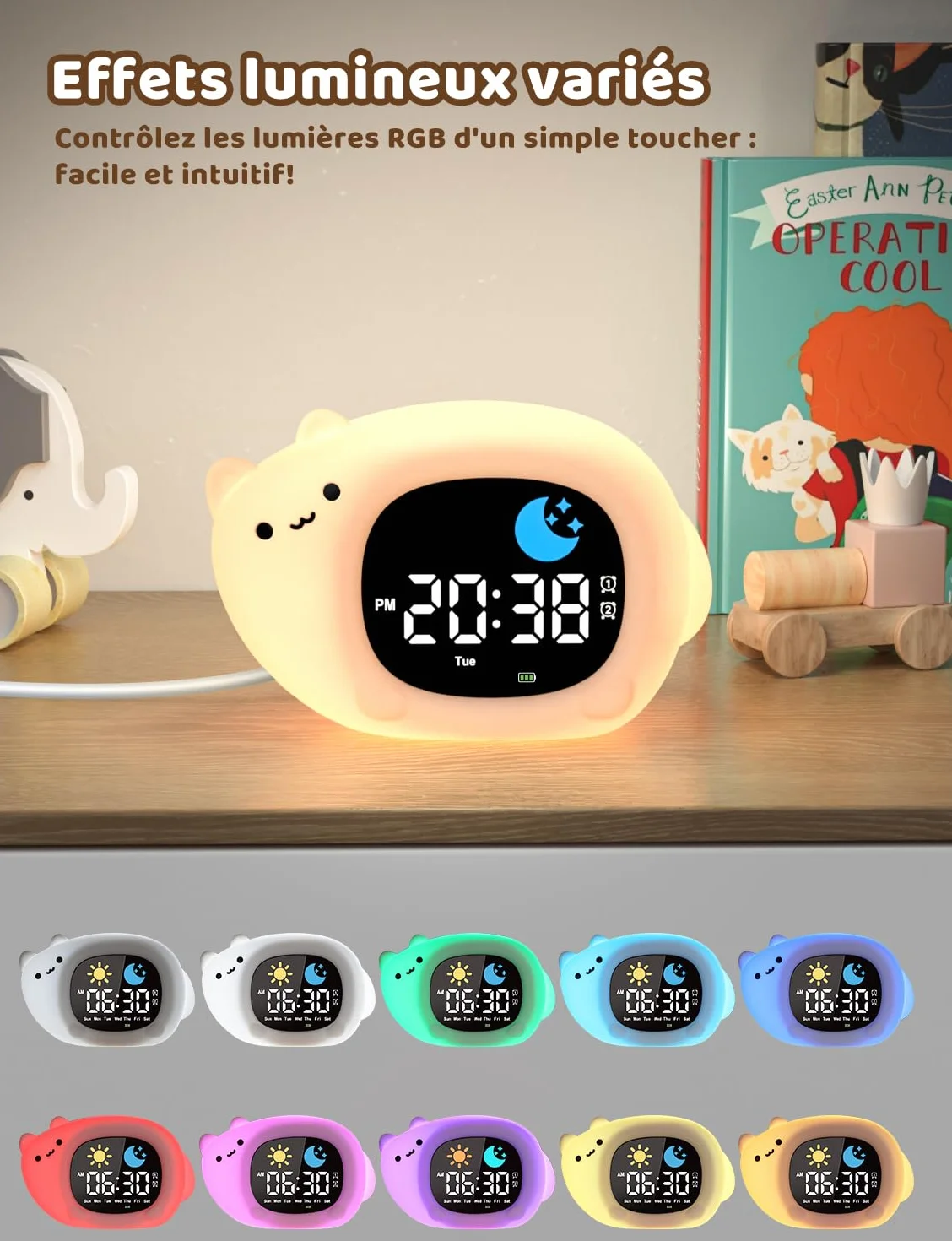 YISSVIC Réveil Enfant Educatif Jour Nuit 2 Alarme 12/24 Heure Snooze Luminosité Réglable 7 Couleurs 10 Chansons Chat