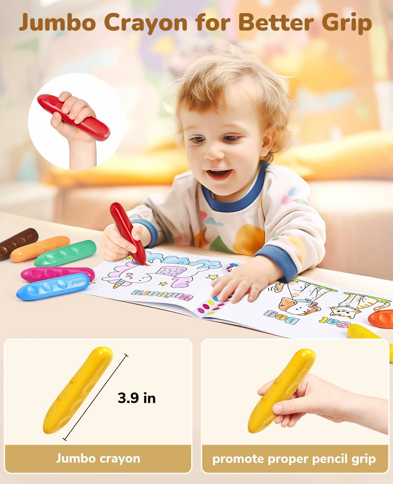 JoyCat Lot de 16 crayons Jumbo triangulaires lavables pour enfants 1-8 ans, prise facile, non toxiques
