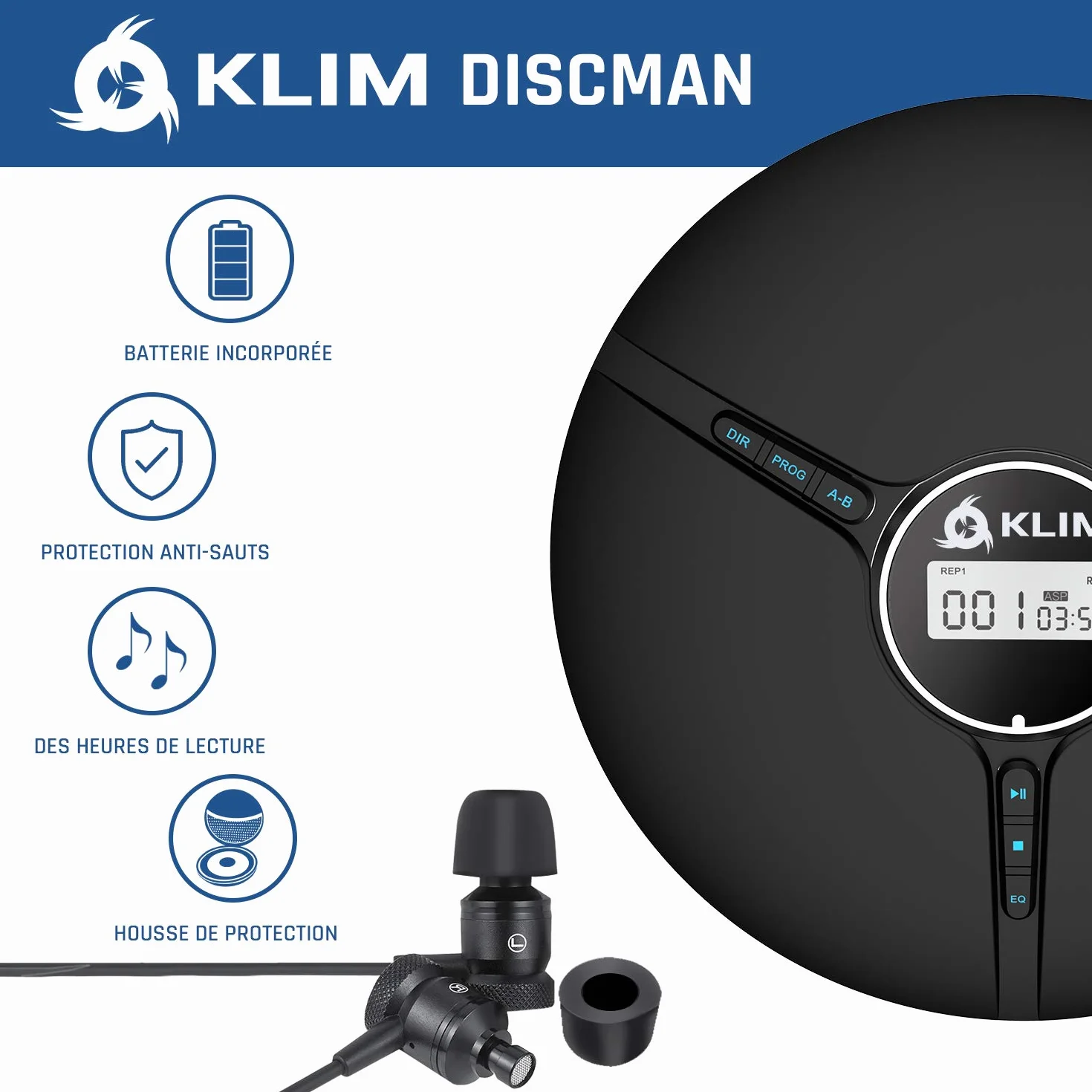 KLIM Discman Lecteur CD Portable avec Batterie Intégrée Écouteurs Fusion Mini Walkman CD Baladeur Compact Compatible CD-R CD-RW MP3 Noir