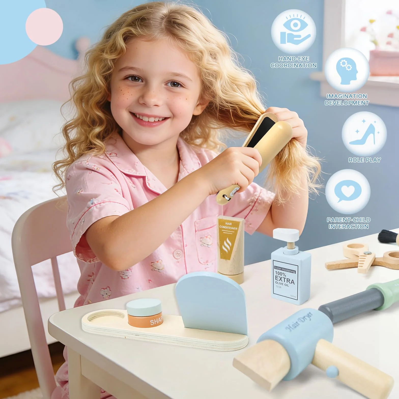Kit de Coiffure pour Enfants avec Sèche-Cheveux, Jouets de Salon de Coiffure