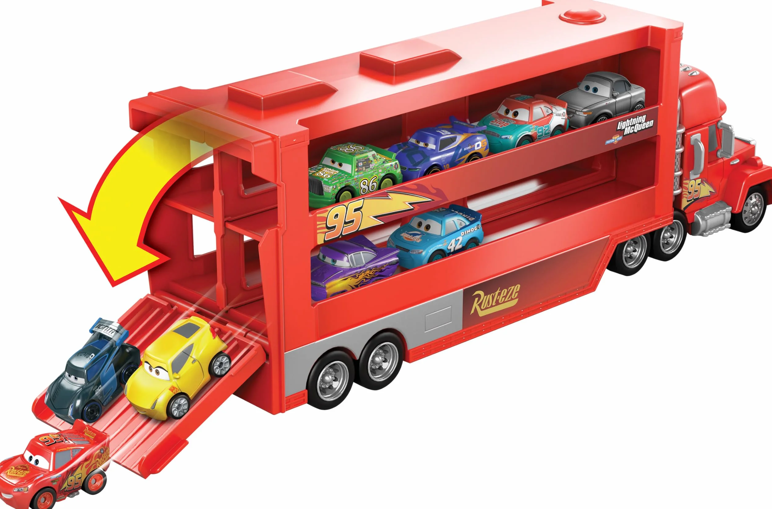 Mattel Disney Pixar Cars Camion Transporteur Mack GNW34, jouet enfant avec Flash McQueen pour 18 mini-véhicules