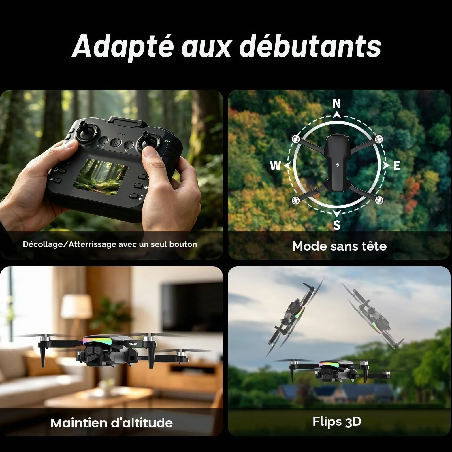 F417PRO Drone avec Caméra 1080P, Mini Drone Double Objectif 90°, LED, Flux Optique, Batterie Modulaire, Sacoche