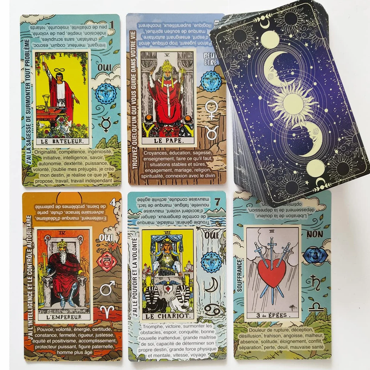 Tarot Debutant francais – Jeu Tarot Facile a Lire – Cartes Tarot avec Significations Imprimees, Oui ou Non, Astrologie, Planetes et Chakras