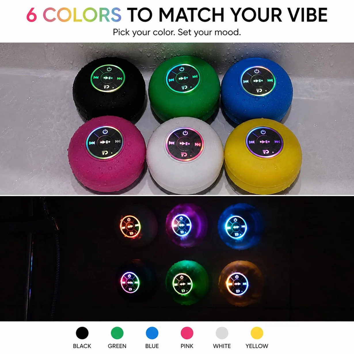 Enceinte Bluetooth étanche IPX4 portable sans fil avec LED, micro intégré, ventouse rechargeable noir