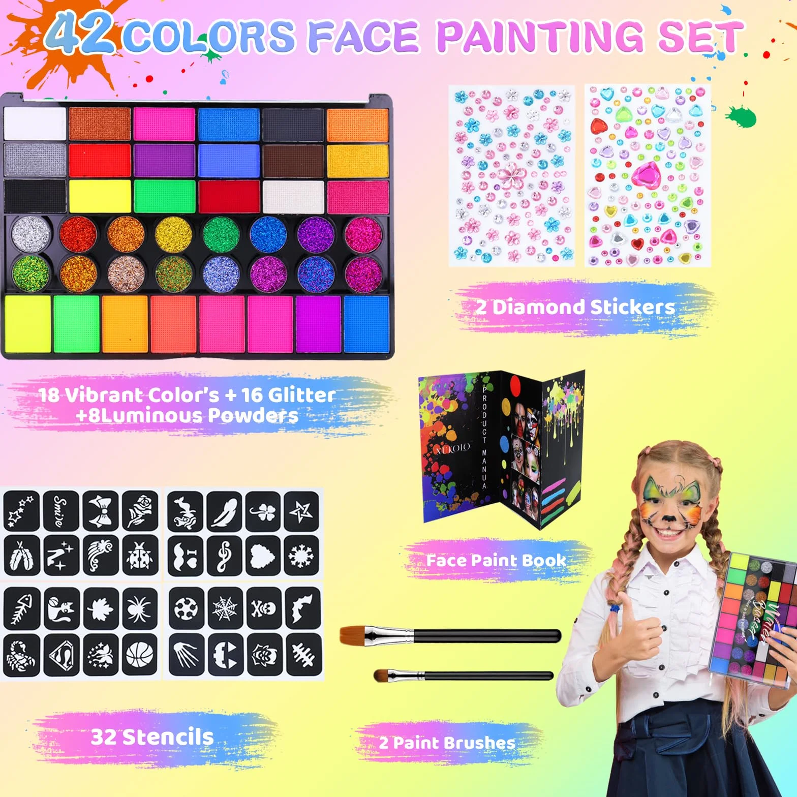 Kit de maquillage pour enfants 42 couleurs lavable visage avec pinceau pochoirs autocollants diamants Halloween carnaval