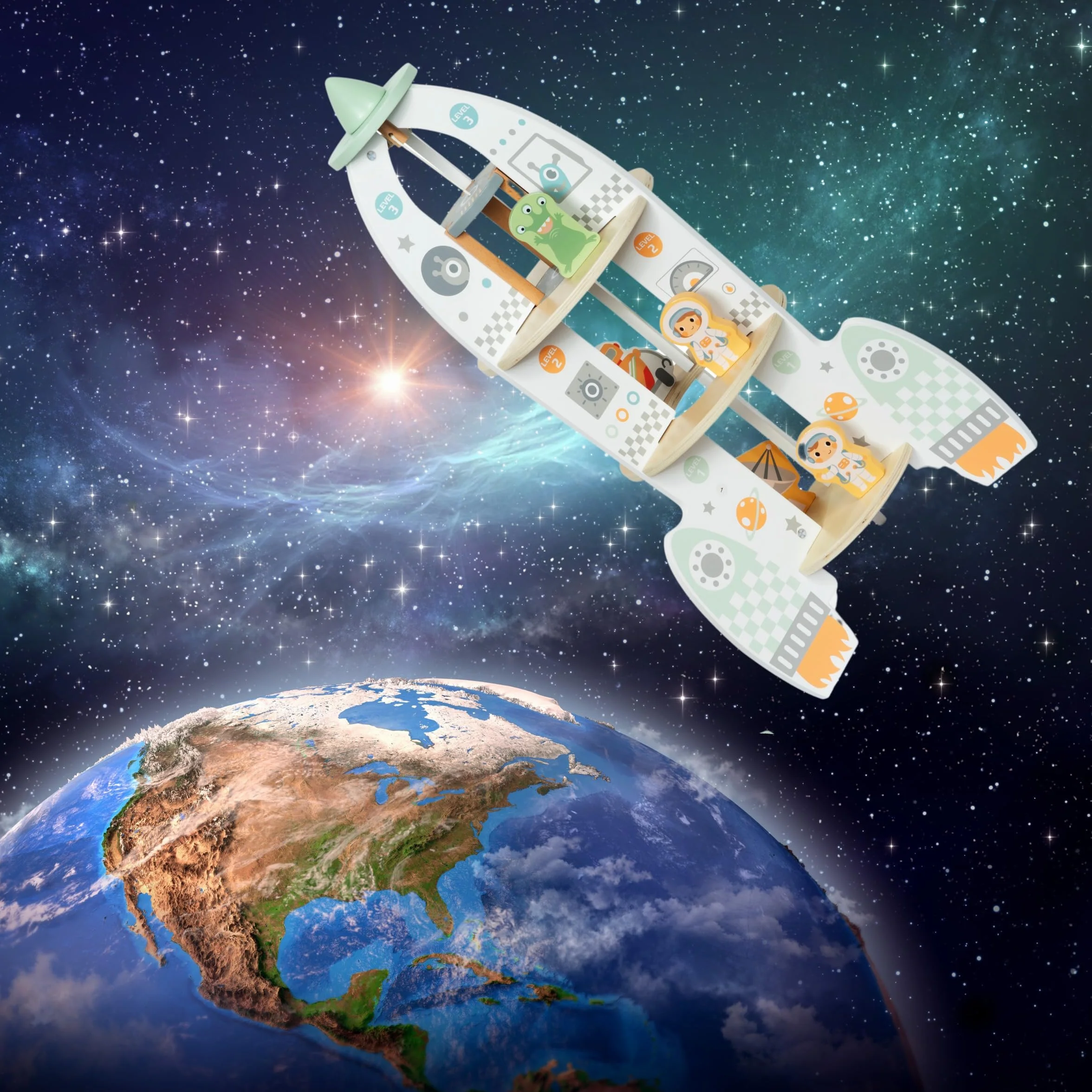 mamabrum Fusée Spatiale en Bois XXL - Jouet 3 Ans et Plus avec Ascenseur, 2 Astronautes, Robot, Extraterrestre - 60cm Hauteur - Centre de Contrôle et Salle Machines