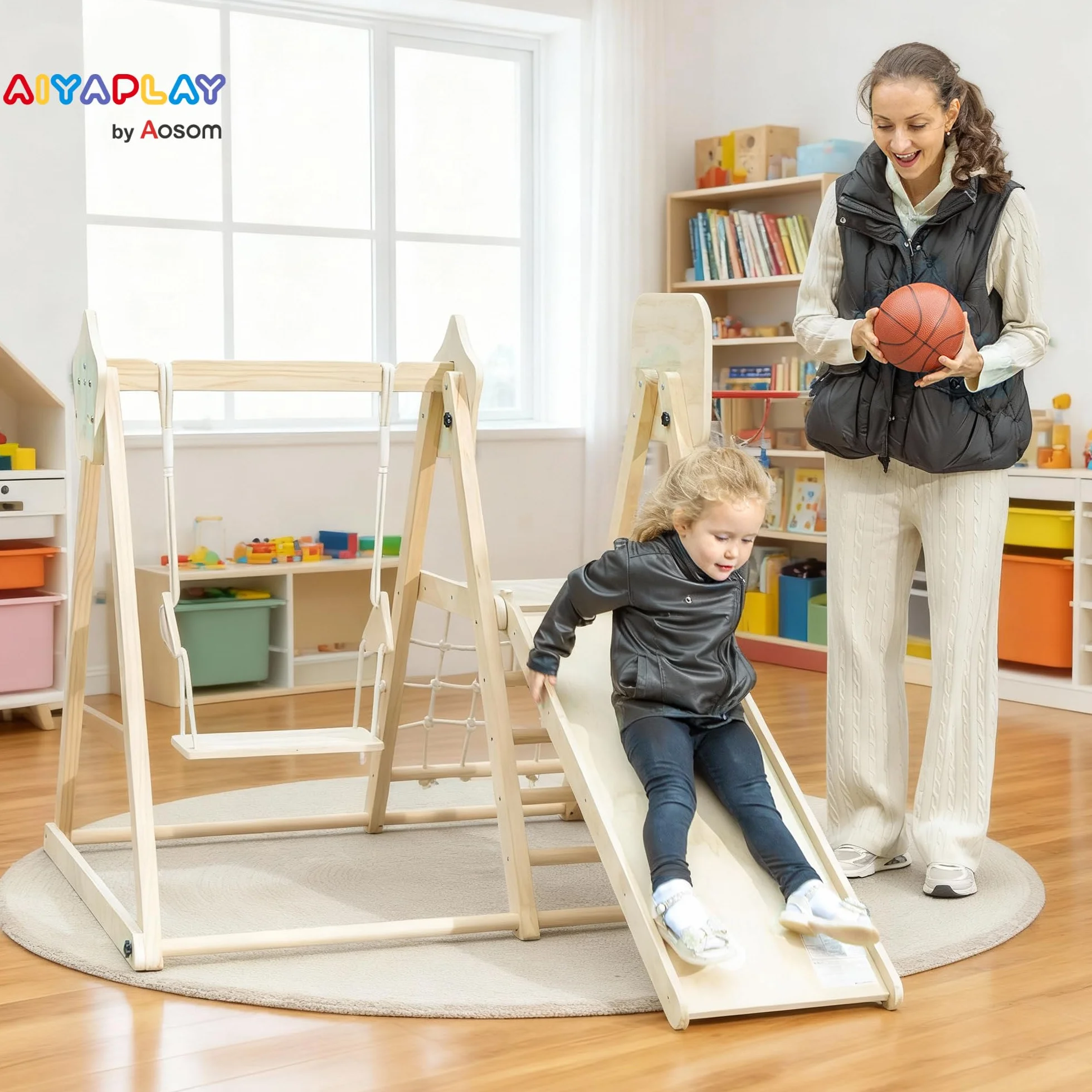 AIYAPLAY Toboggan 5 en 1 structure d'escalade en bois avec balançoire et panier de basket pour enfants 3-6 ans intérieur extérieur
