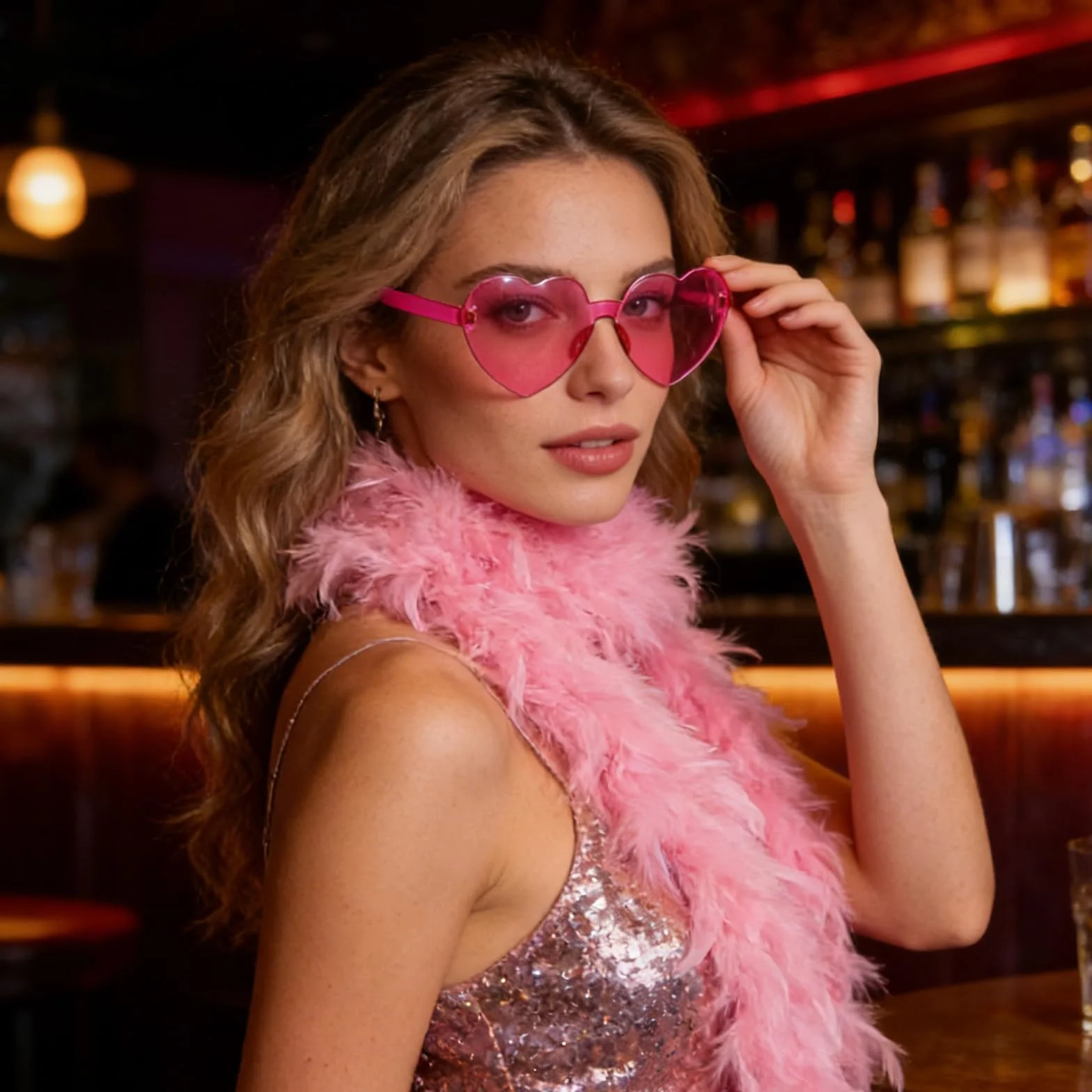 Boa en Plumes Roses 2M, Châle en Plumes avec Lunettes Cœur, Accessoire Danse Mariage Fête Cosplay Halloween
