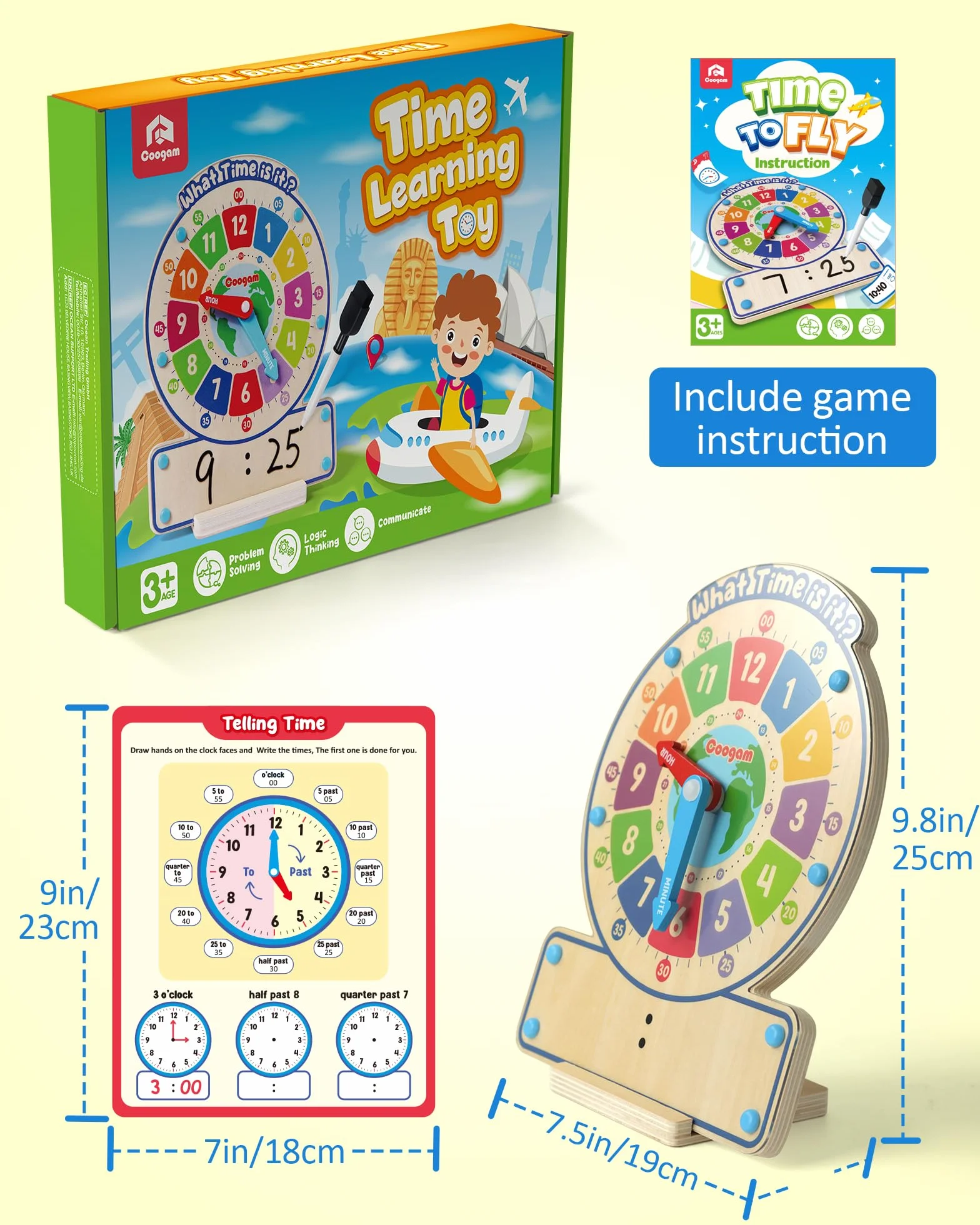 Coogam Horloge en Bois d'Enseignement du Temps, Jeu Éducatif pour Enfants 3 4 5 Ans