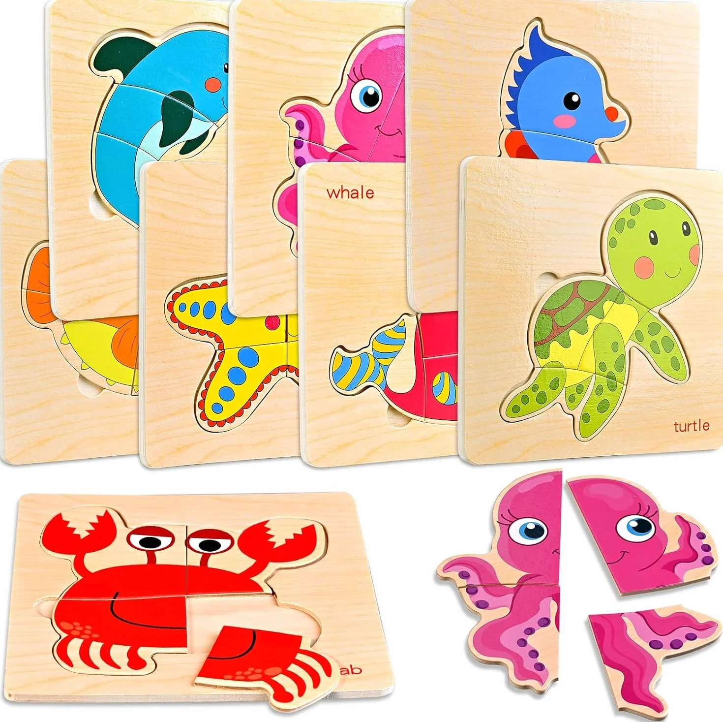 8 Puzzles en Bois Enfant Montessori Cube Animaux Marins Éducatifs 1 2 3 Ans