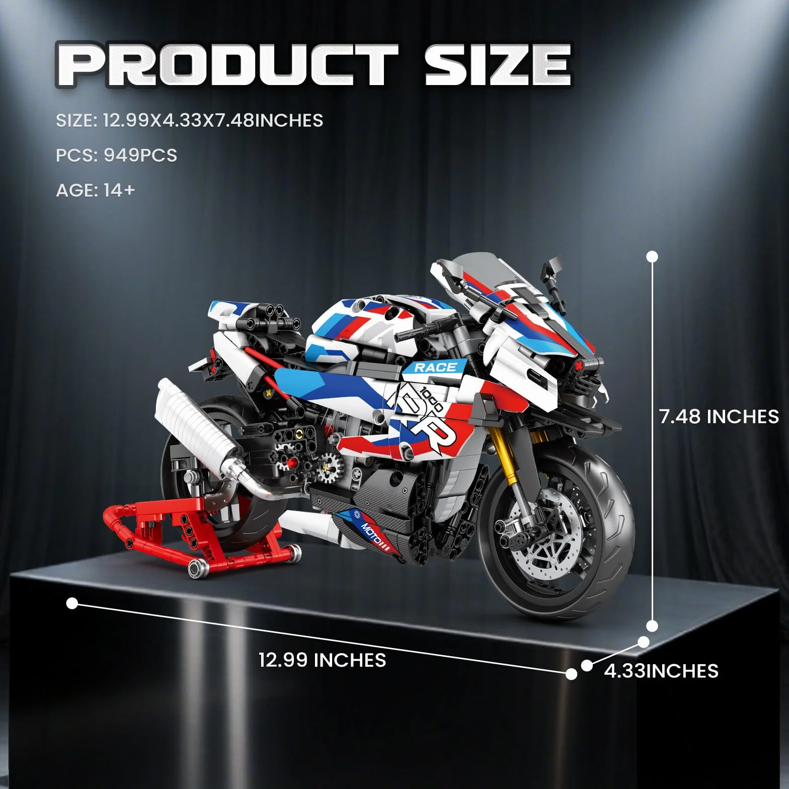 Reobrix Jouet de construction Moto 1000 RR Adultes, Set de briques Technics 1:8, 99040 Modèle de super-moto avec support (949 pièces)