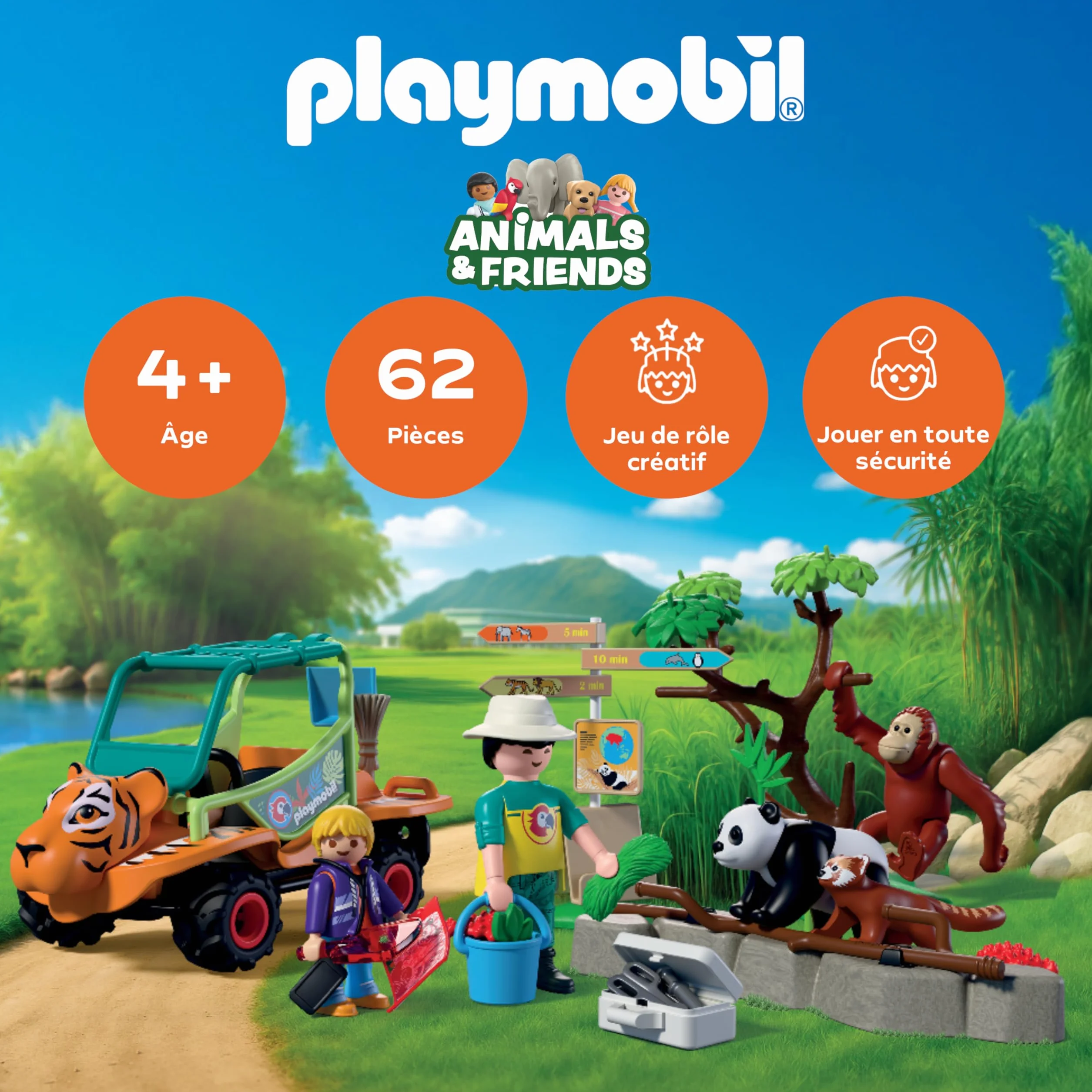 Playmobil Zoo Gardien de Zoo et véhicule avec tête de Tigre et 3 Animaux Jouet pour Enfants 4 Ans 72072