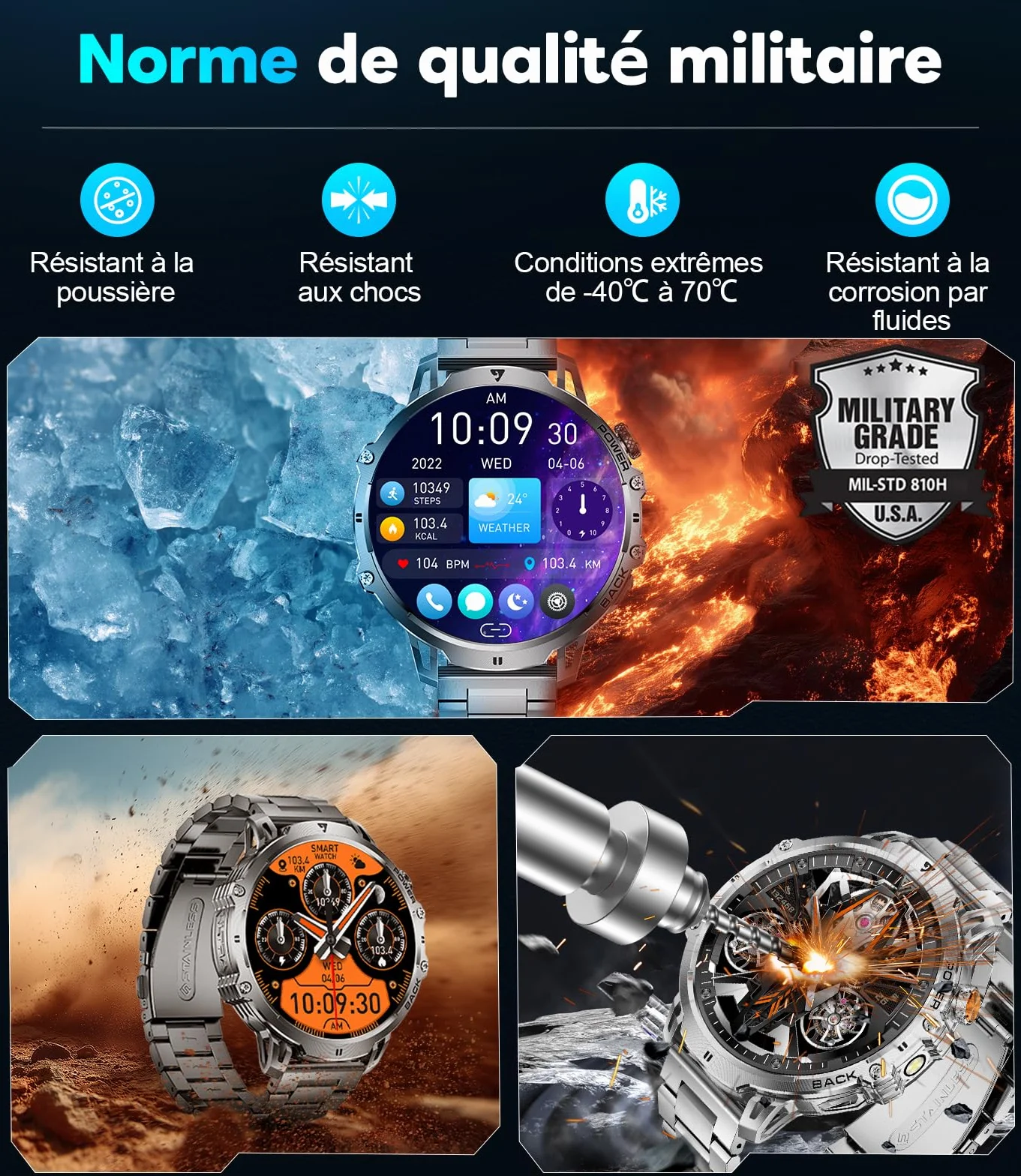 LIGE Montre Connectée Homme 1,85" HD Grand Écran LED Lampe Smartwatch Moniteur Fréquence Cardiaque Sommeil 110+ Modes Sportifs IP68 Étanche Noir
