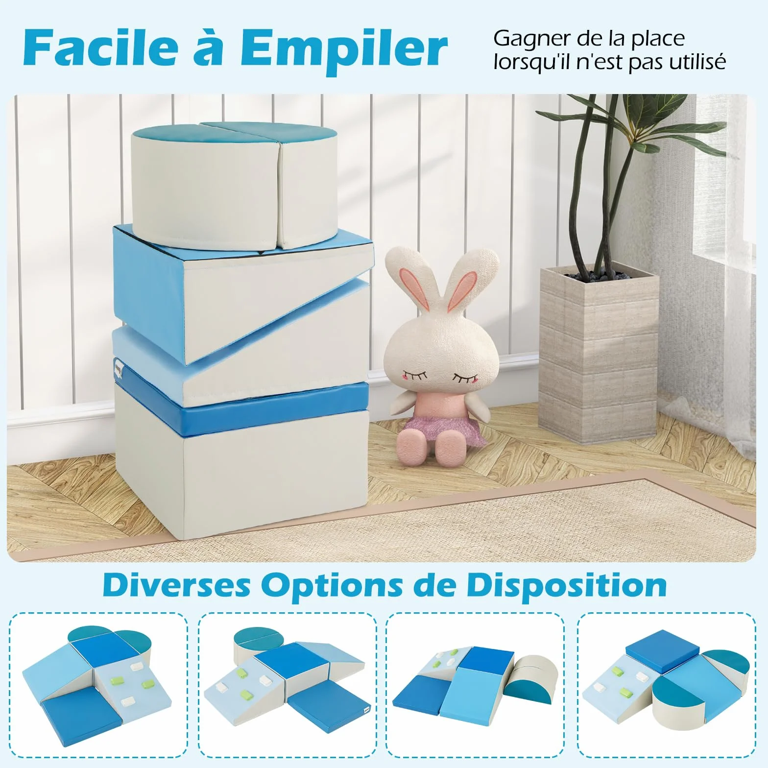 COSTWAY Parcours Motricité Bébé Mousse Housse PU Roches Escalade Attaches Crochets Jouets Éducatifs Ramper Grimper 12 Mois+ Bleu