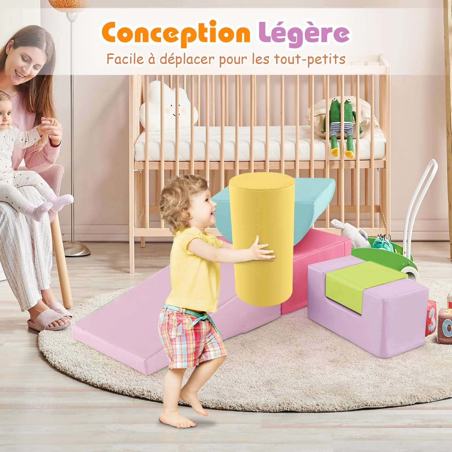 COSTWAY Parcours Motricité Bébé en Mousse EPE avec Housse PU, 6 Pièces, Jouets Éducatifs Rose+Jaune