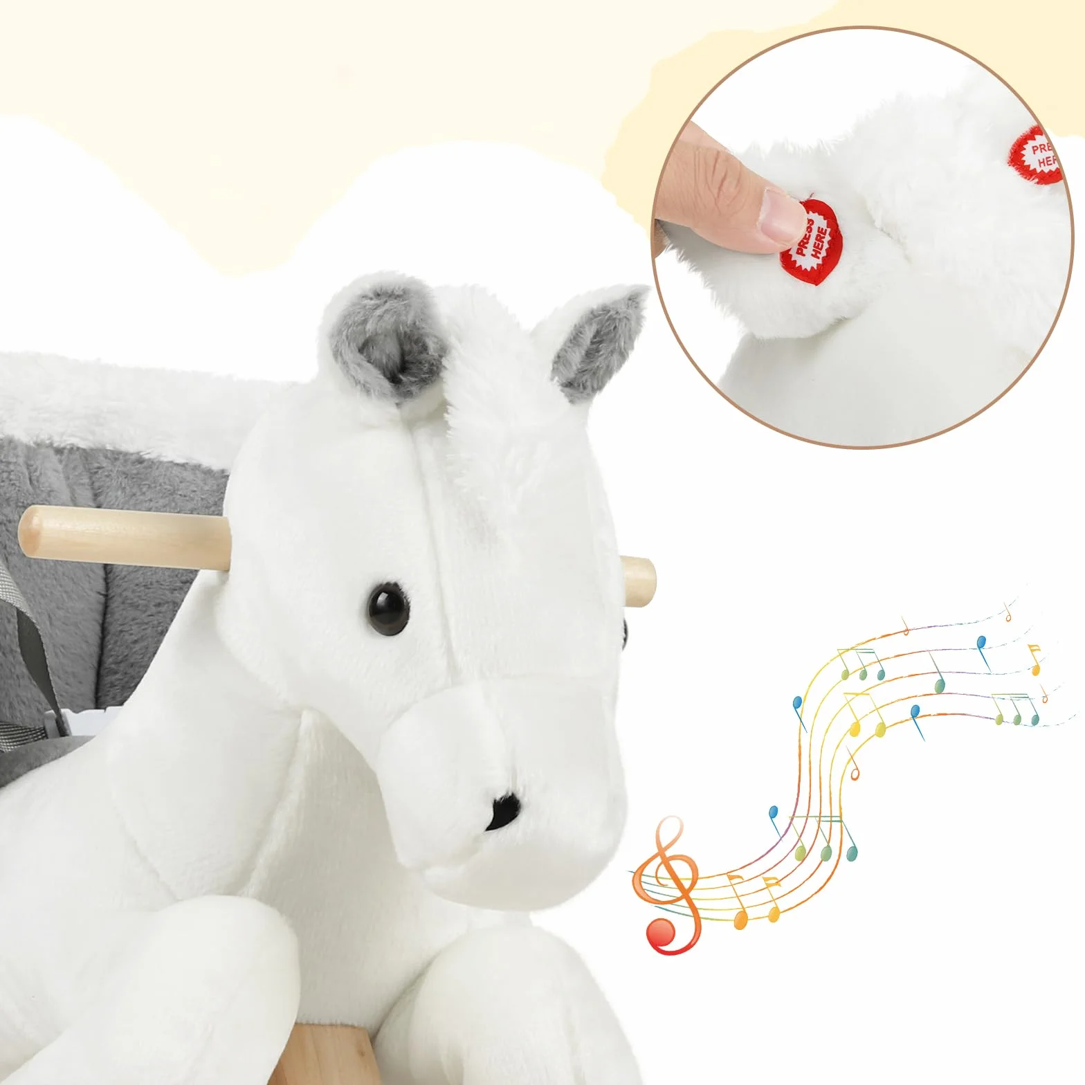 WOLTU Cheval à Bascule en Peluche, Animal à Bascule pour 1-3 Ans, Ceinture de Sécurité Effet Sonore Blanc Gris