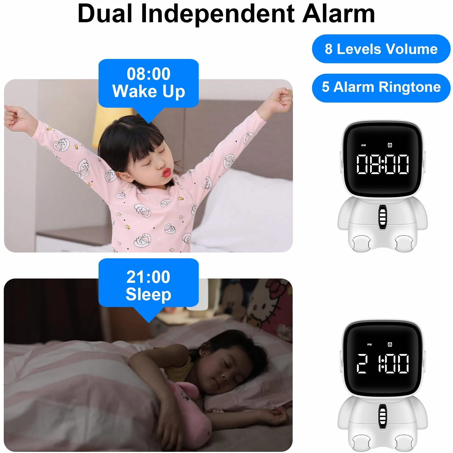 Réveil numérique LED astronaute pour enfants avec fonction snooze, 2 alarmes, rechargeable